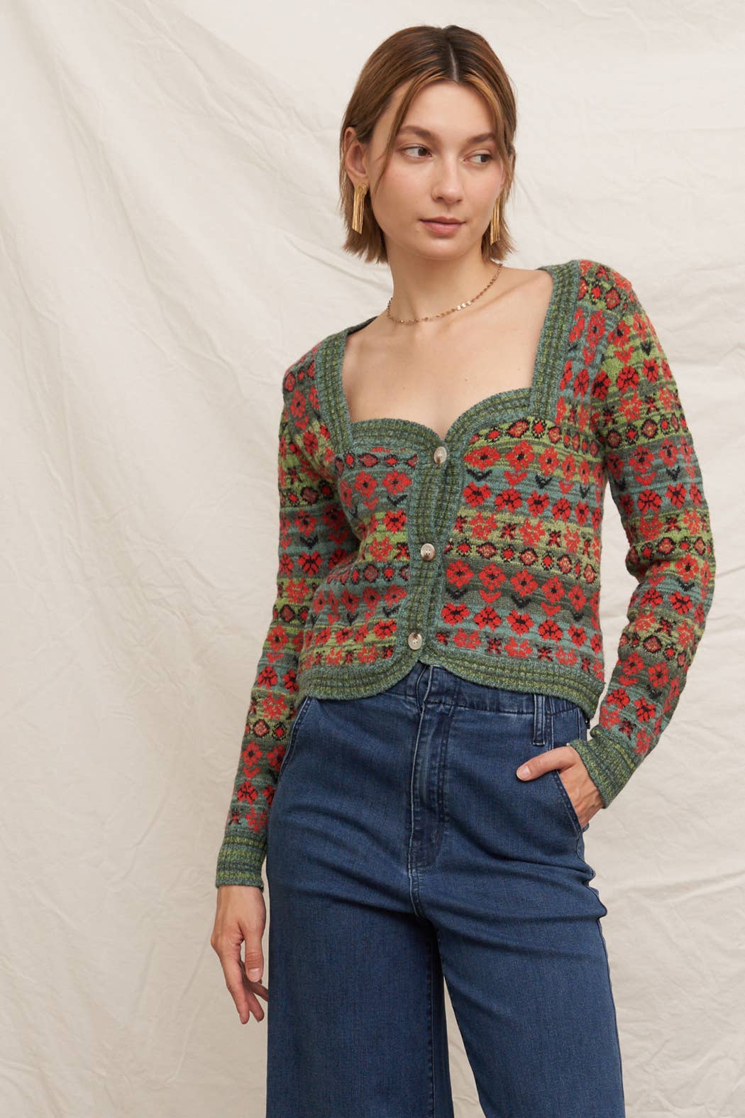 Floral Jacquard Sweetheart Neckline Sweater Cardigan: Green Multi / M
