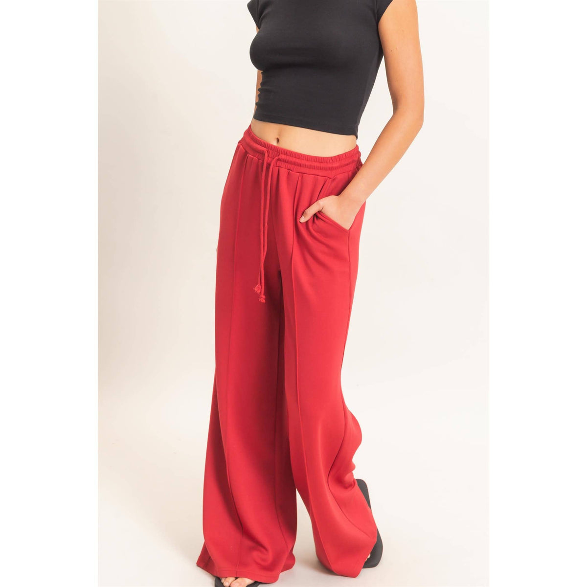 Drawstring Waist Pintuck Wide Leg Pants: COCOA / S-M-L(2-2-2)