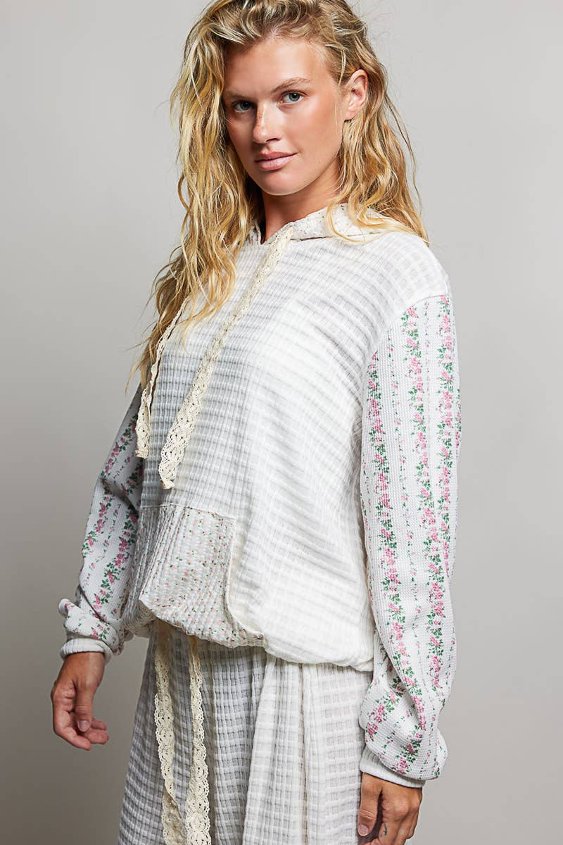 Kangaroo Pocket Mixed Knit Contrast Hooded Pullover SALE: NATURAL MULTI / L