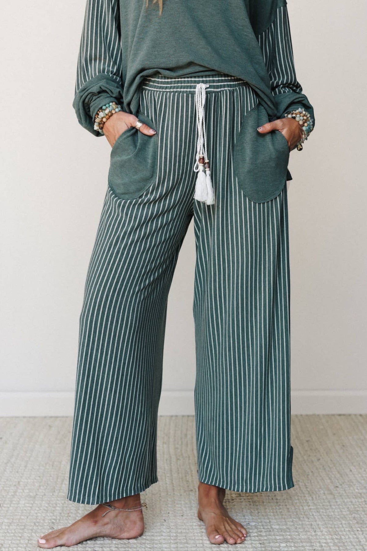 66 Striped Contrast High Waist Plus Size Pants Set (S-4X): Green / M