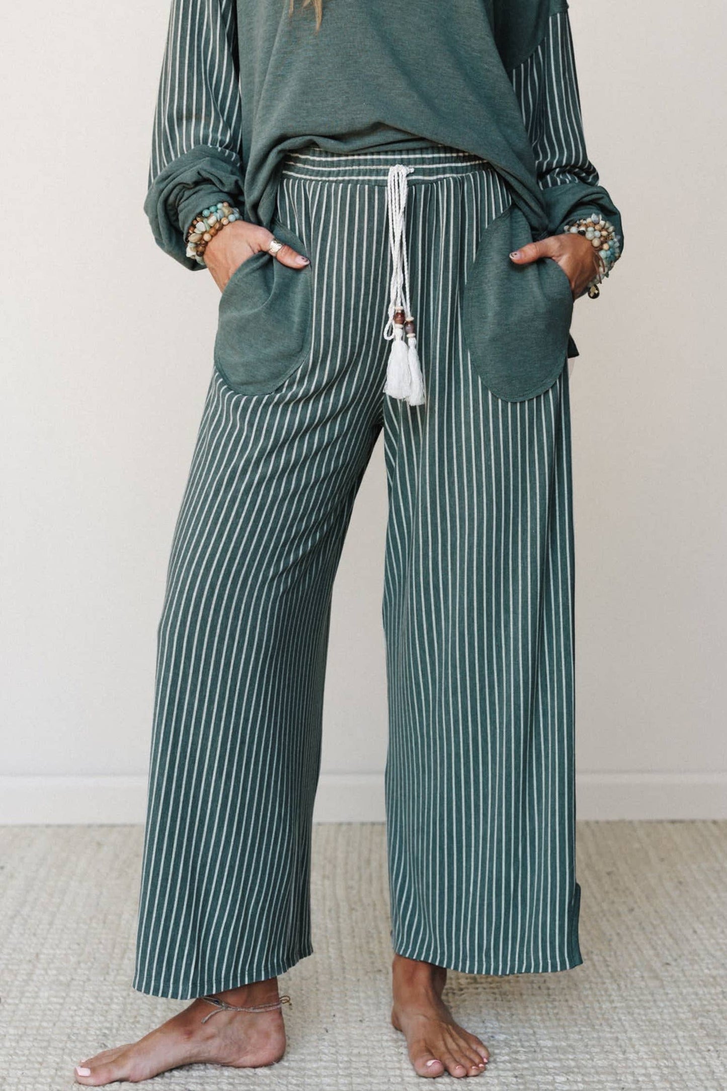 66 Striped Contrast High Waist Plus Size Pants Set (S-4X): Green / L
