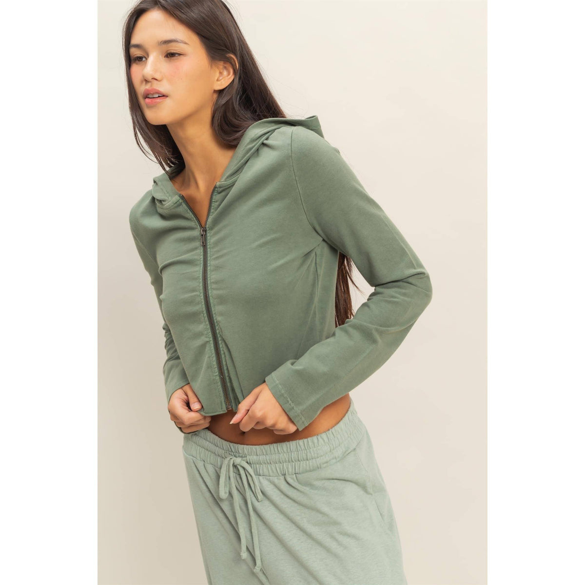 Zip Up Cropped Hoodie: CREAM / S-M-L(2-2-2)
