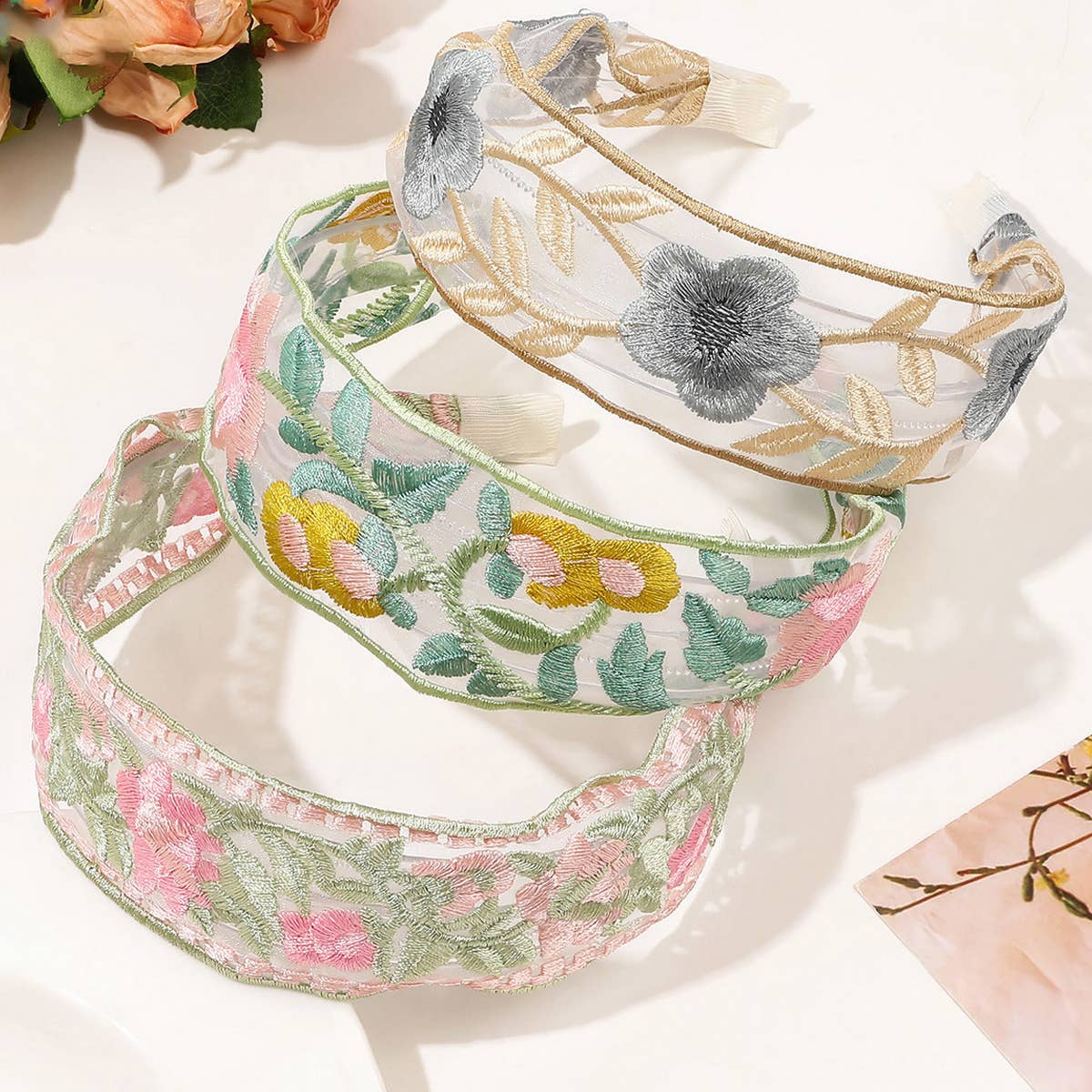 MESH EMBROIDERED FLOWER HEADBAND_CWAHA1651: Green / (OS) 3