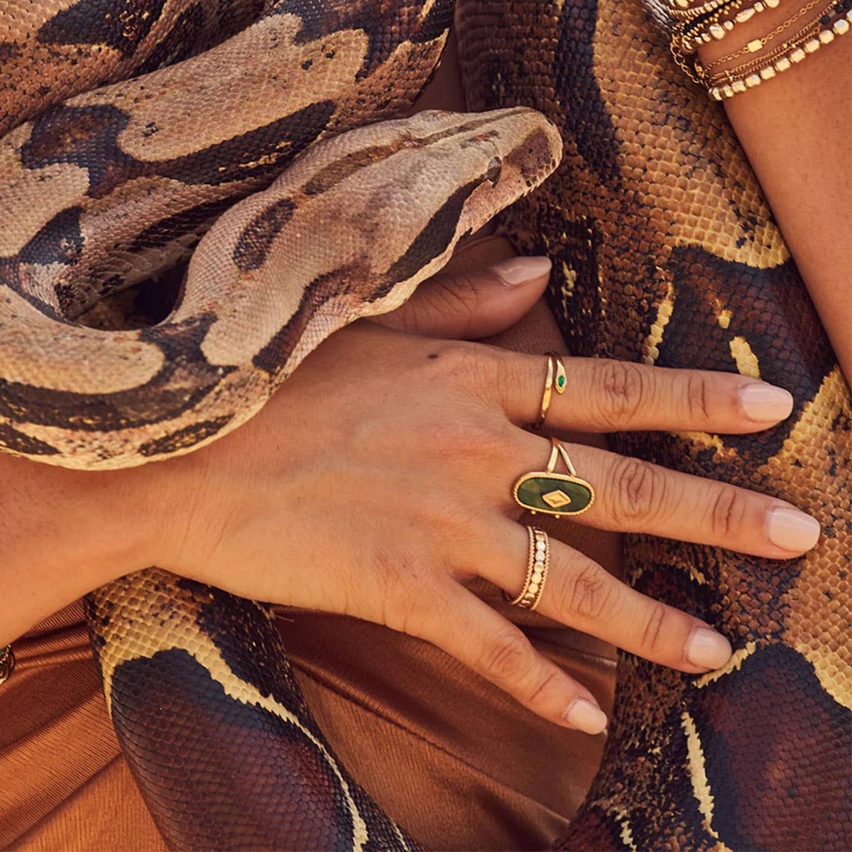 STAINLESS STEEL SNAKE NATURAL STONE RINGS_CWAJE0628: TYPE6 / (OS) 3