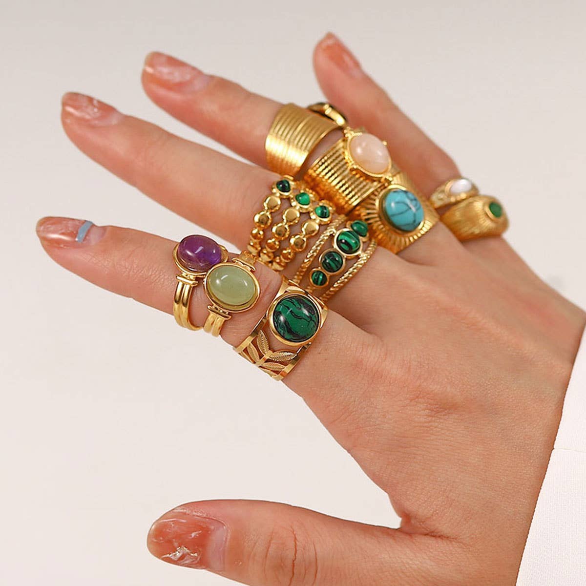 GOLD STAINLESS STEEL INLAID NATURAL STONE RINGS_CWAJE0611: TYPE1 / (OS) 3