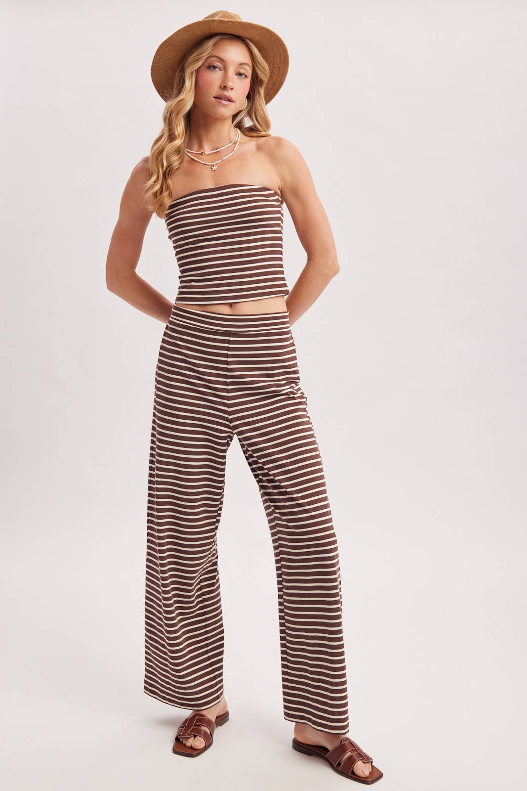 STRIPED KNIT TUBE AND WIDE PANTS SET: MOCHA COMBO / S
