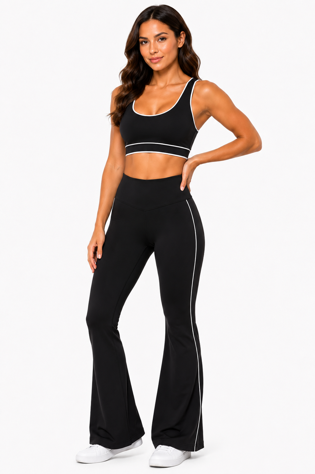 Activewear 3pcs set w/sports bra and jacket and flare pants: Black