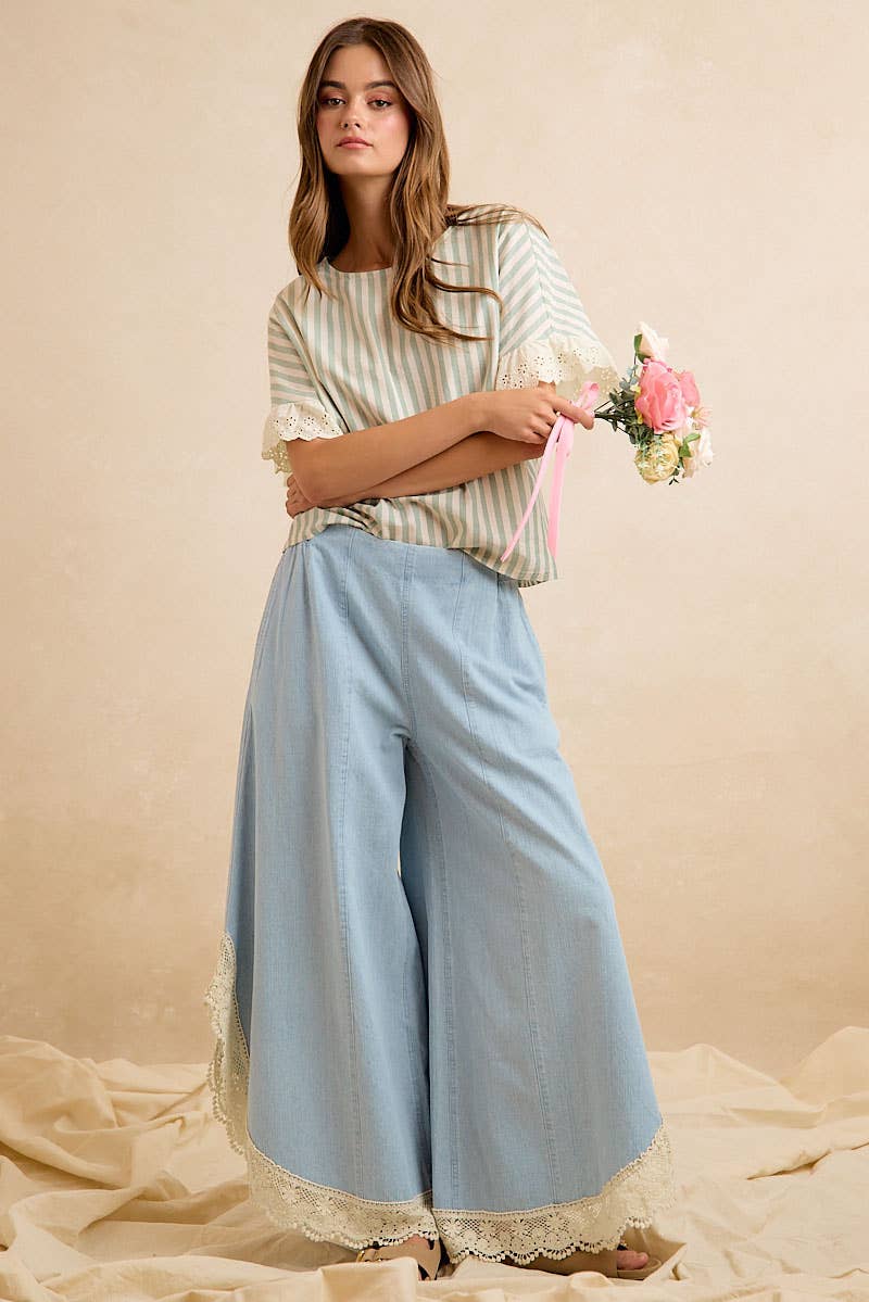 WIDE LEG CROCHET LACE WITH TULIP HEM JEANS: DENIM / M