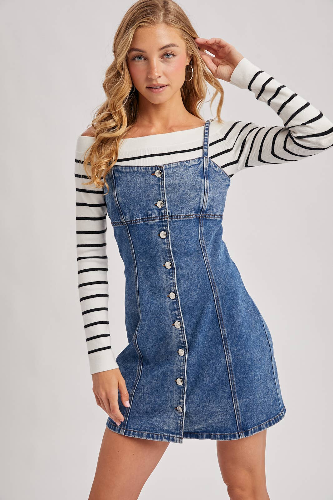 DENIM BUTTON DOWN MINI DRESS: MED.WASH / L