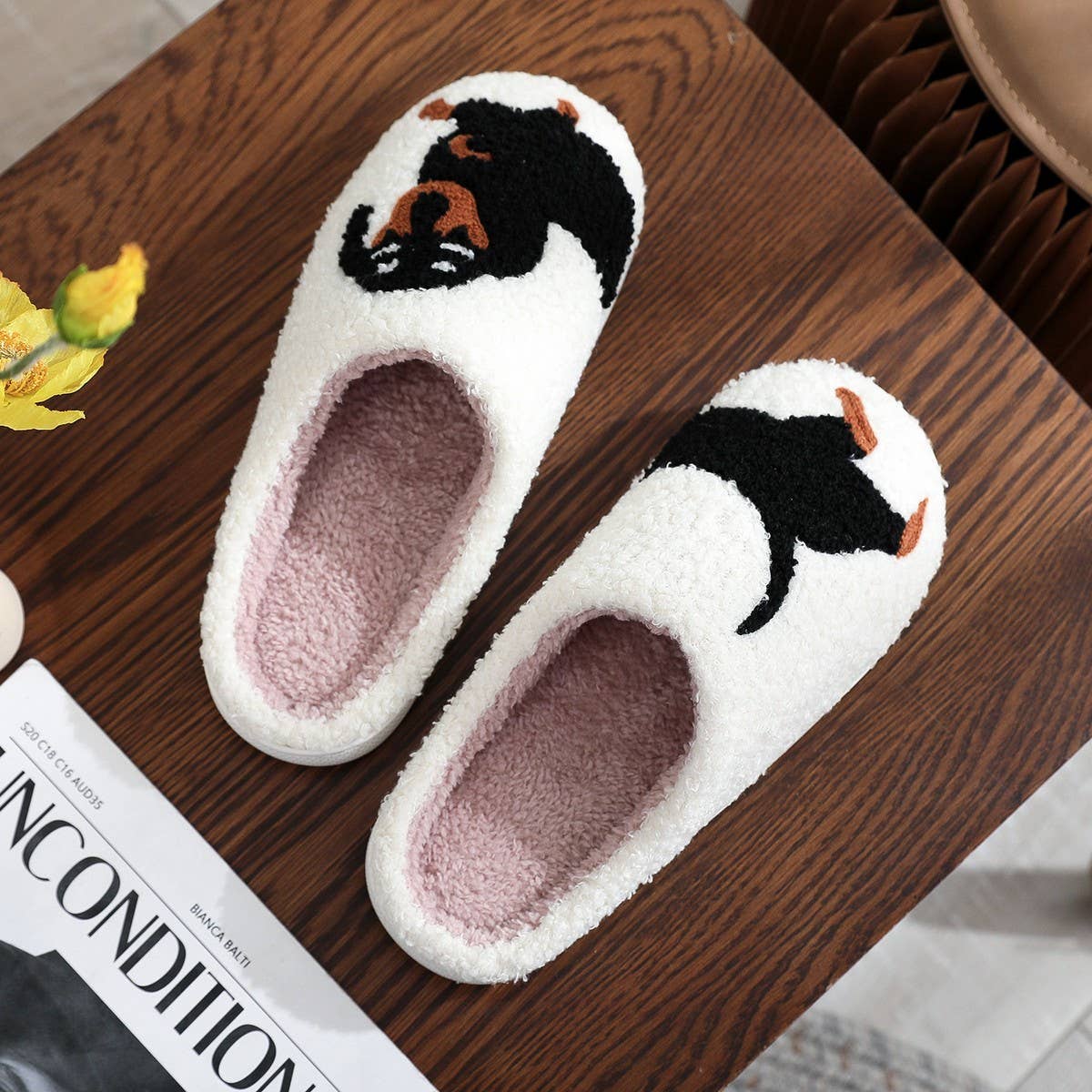 POPULAR DACHSHUND EMBROIDERED COTTON SLIPPERS_CWSHS0769: White / (7) 1