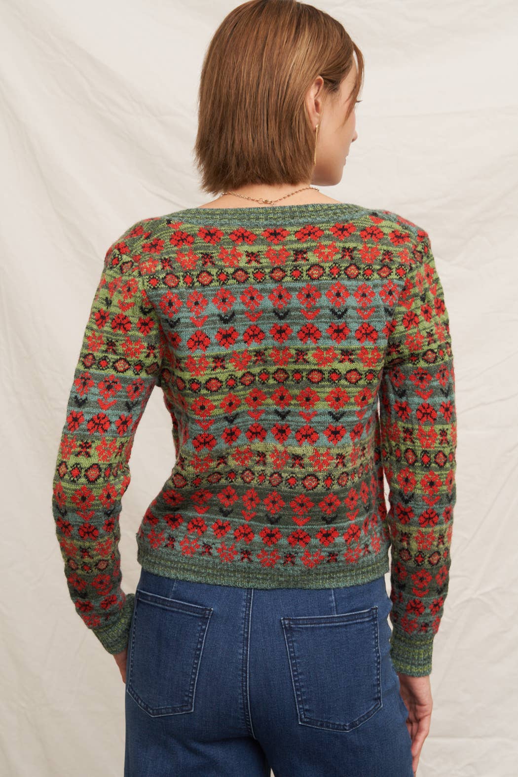 Floral Jacquard Sweetheart Neckline Sweater Cardigan: Green Multi / M