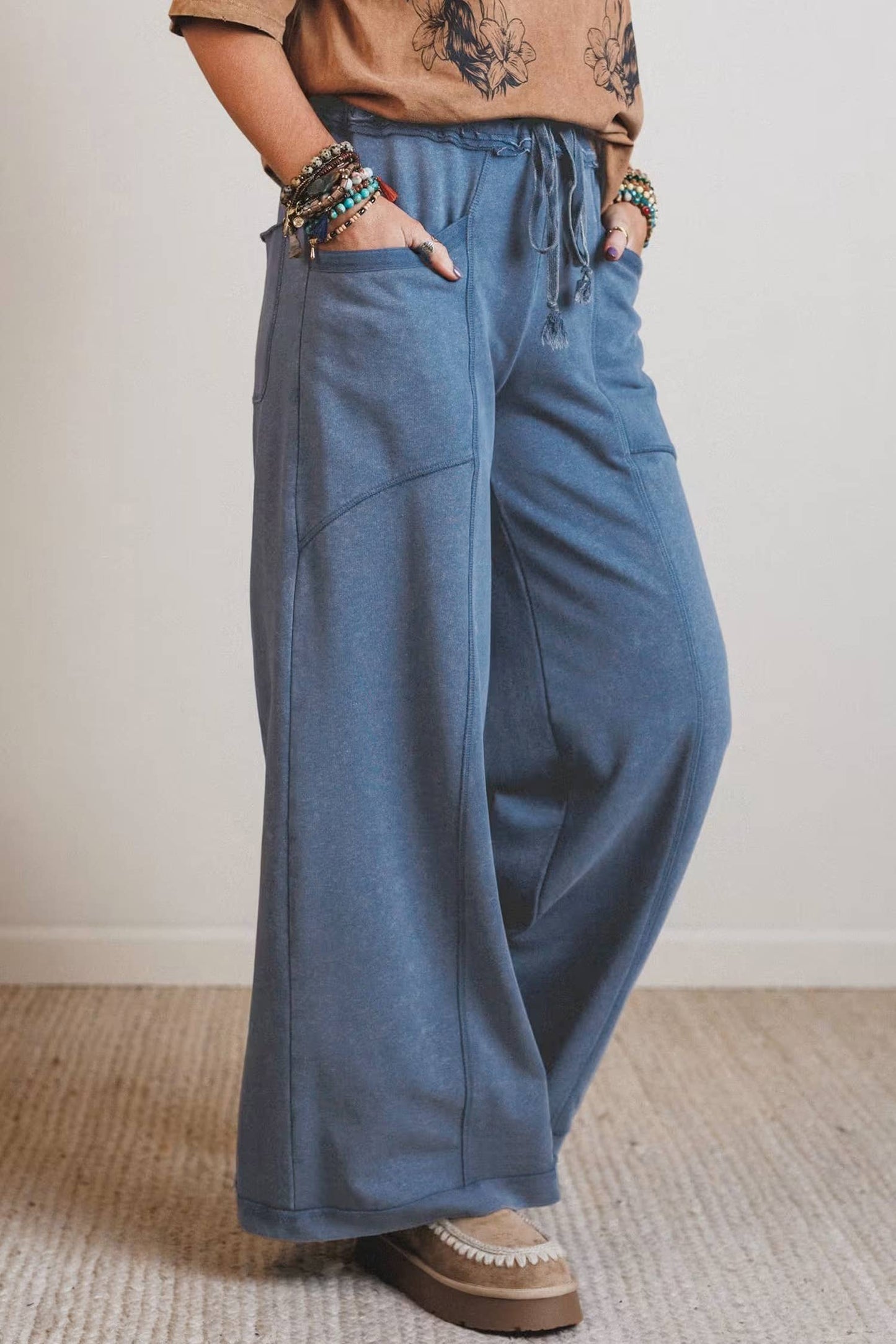66 Mineral Wash Drawstring High Waist Wide Leg Pants (S-XL): Ashleigh Blue / S