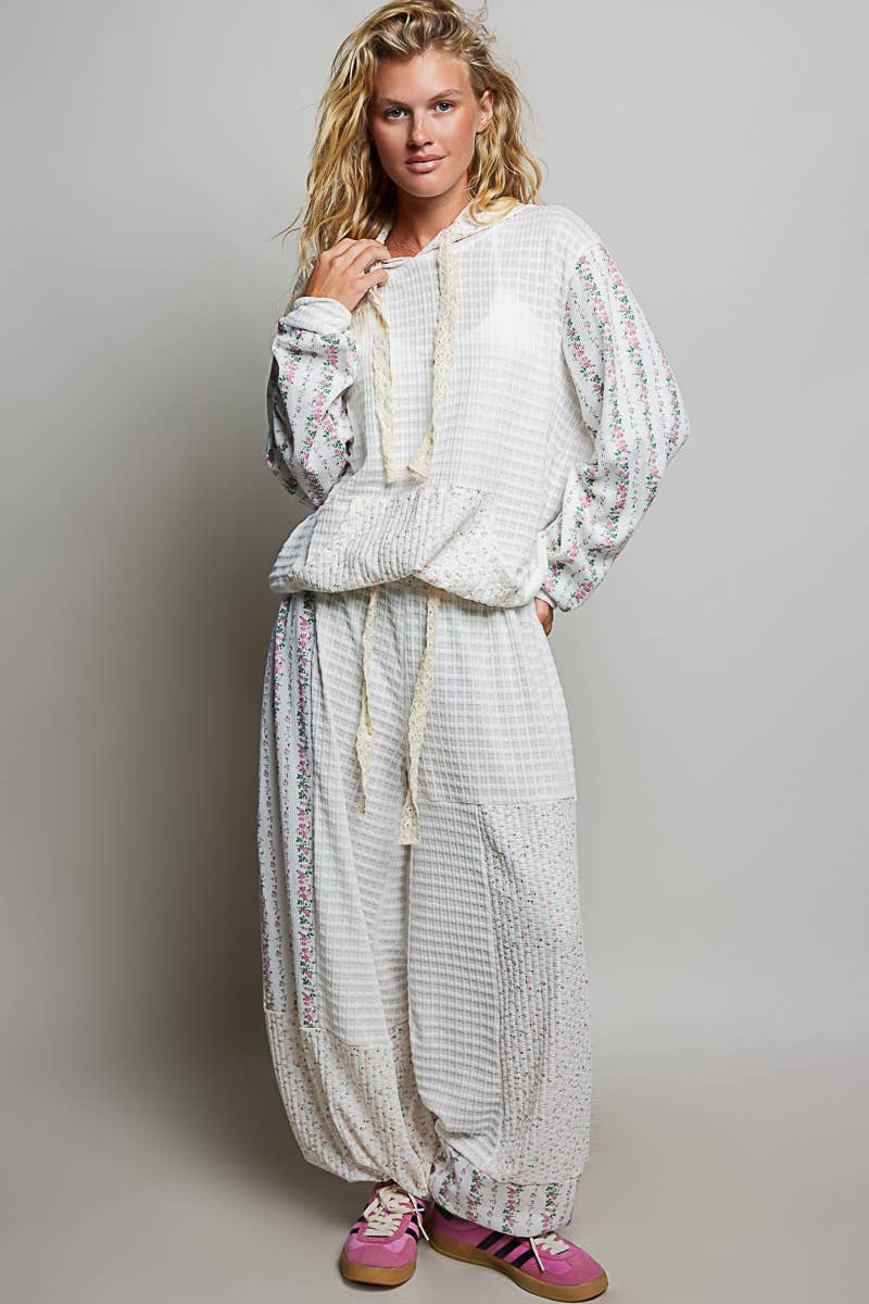 Kangaroo Pocket Mixed Knit Contrast Hooded Pullover SALE: NATURAL MULTI / M
