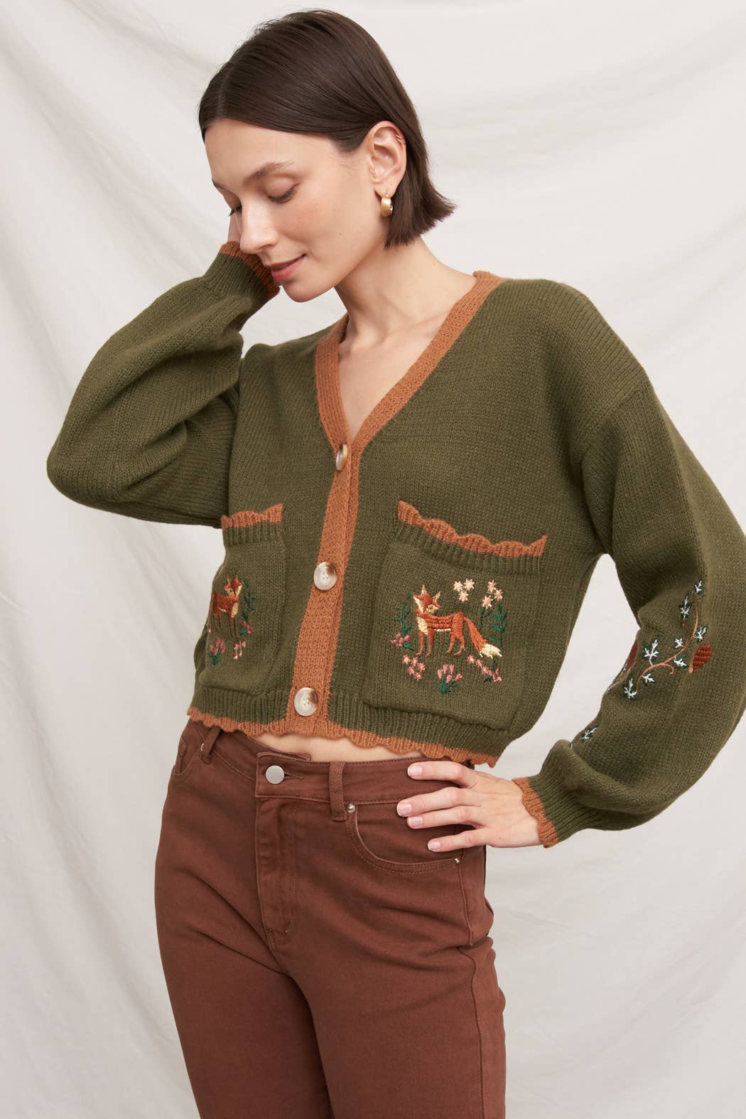 Fox Embroidered Long Sleeve Sweater Cardigan: Brown / S/M