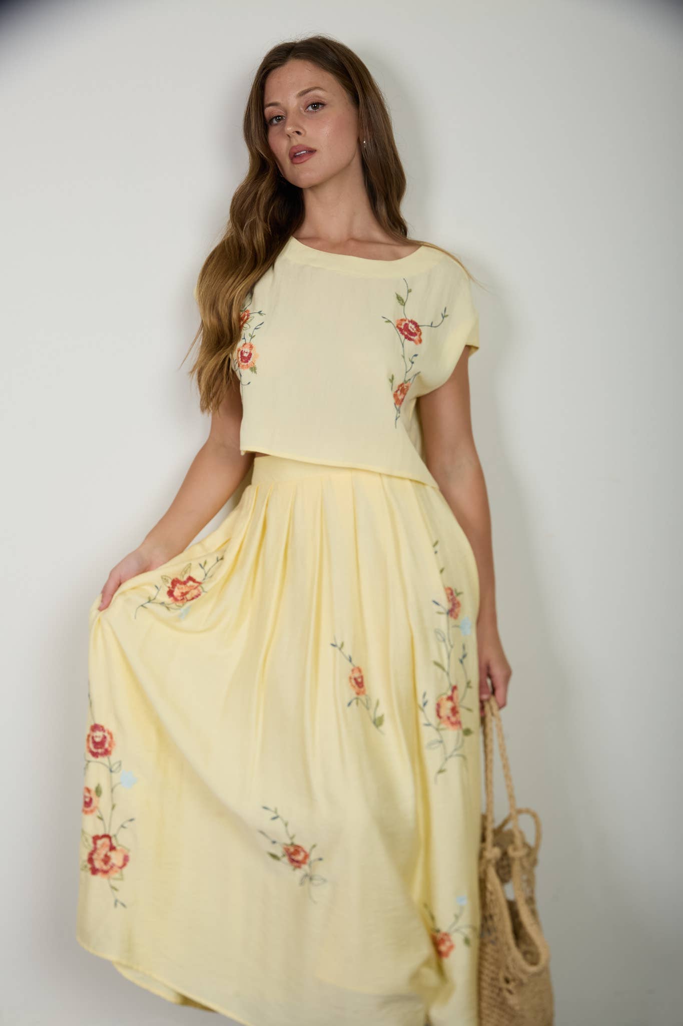 FLORAL EMBROIDERY DETAIL BOAT NECK CROP TOP: BUTTER YELLOW MULTI