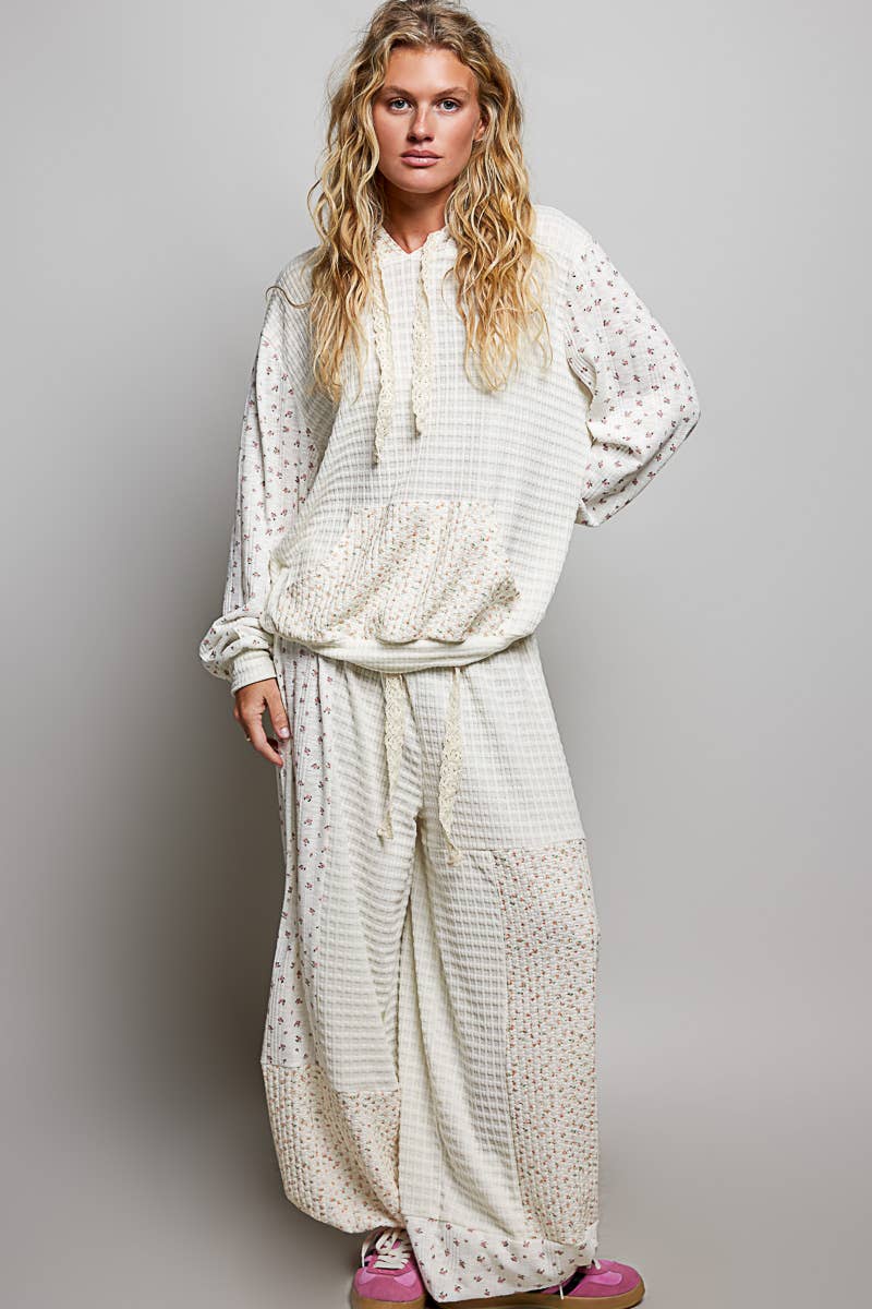 Kangaroo Pocket Mixed Knit Contrast Hooded Pullover SALE: NATURAL MULTI / M