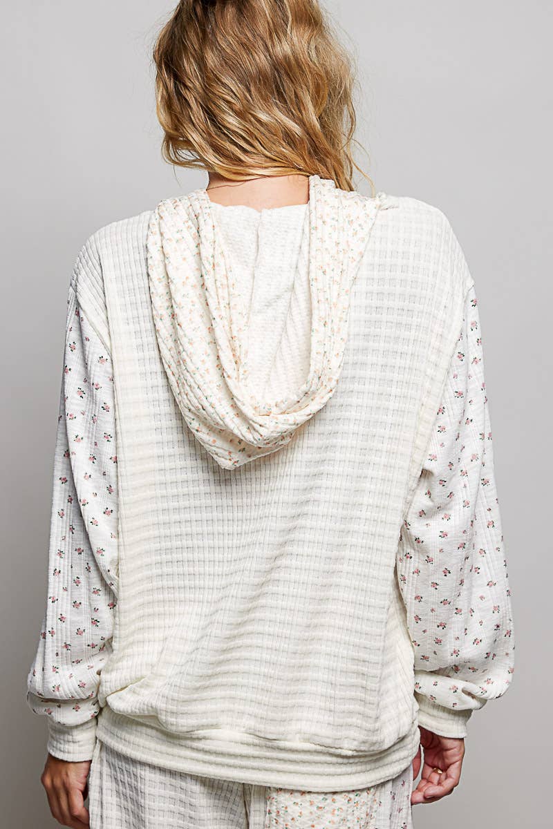 Kangaroo Pocket Mixed Knit Contrast Hooded Pullover SALE: NATURAL MULTI / M