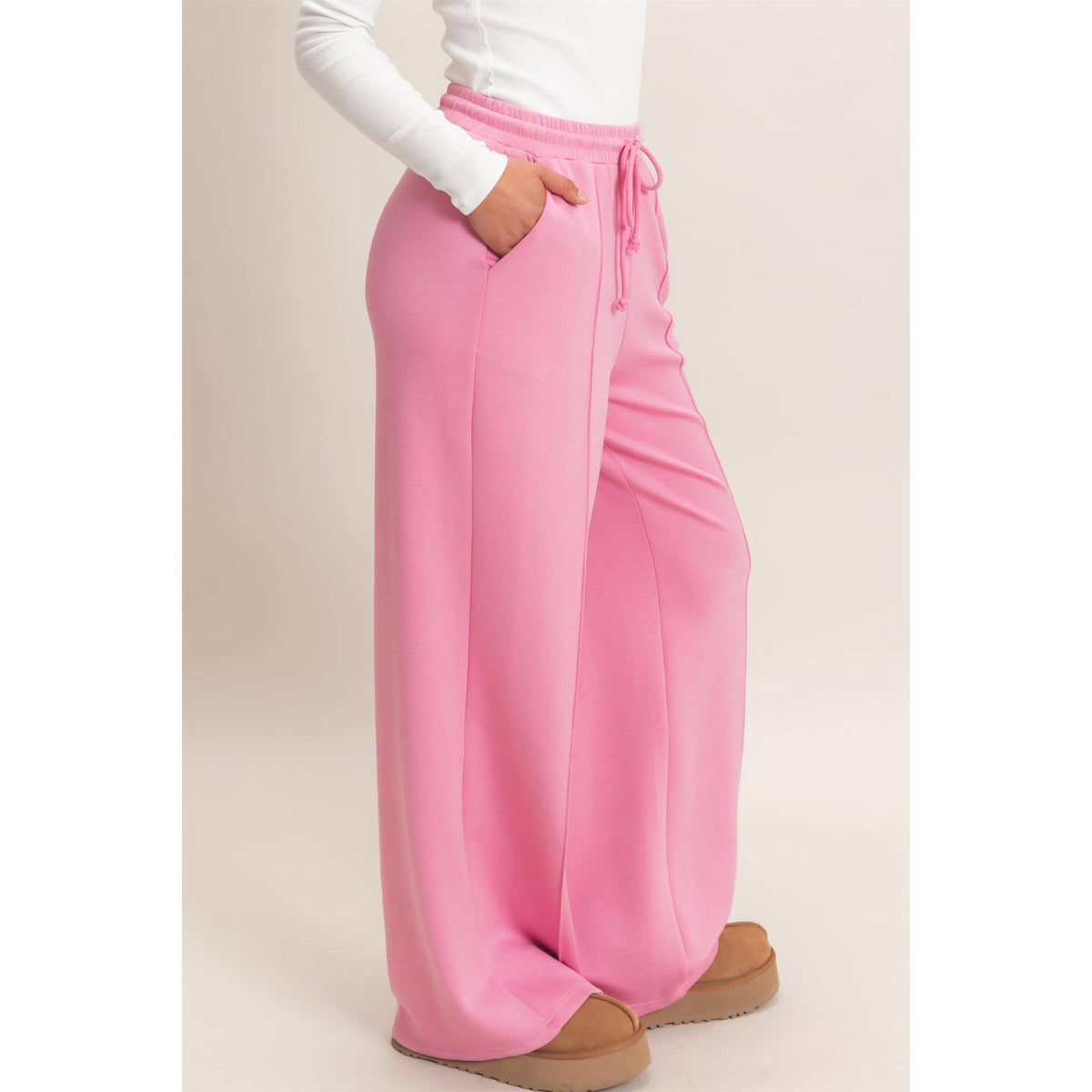 Drawstring Waist Pintuck Wide Leg Pants: HEATHER GRAY / S-M-L(2-2-2)