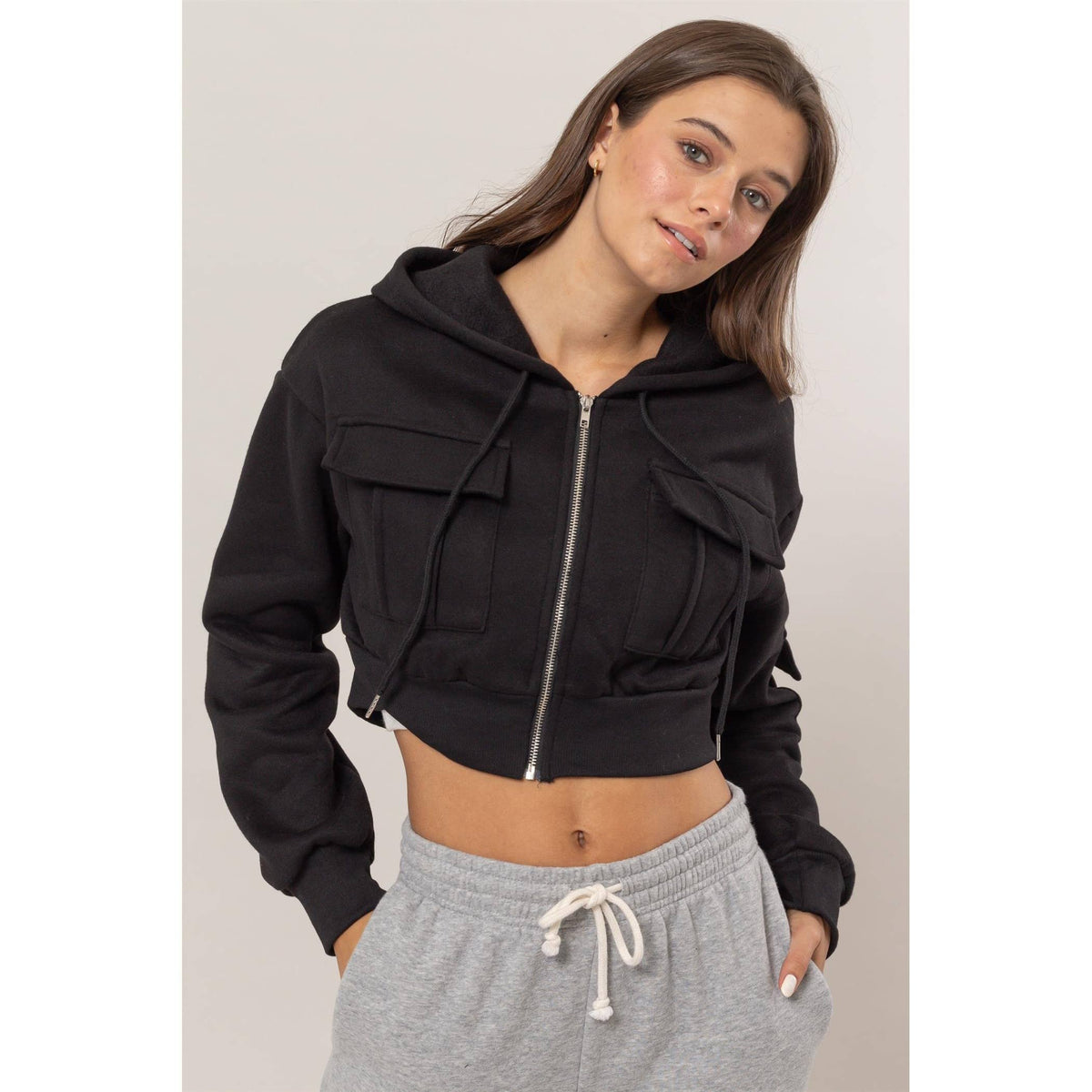 Fleece French Terry Cropped Jacket: BLACK / S-M-L(2-2-2)