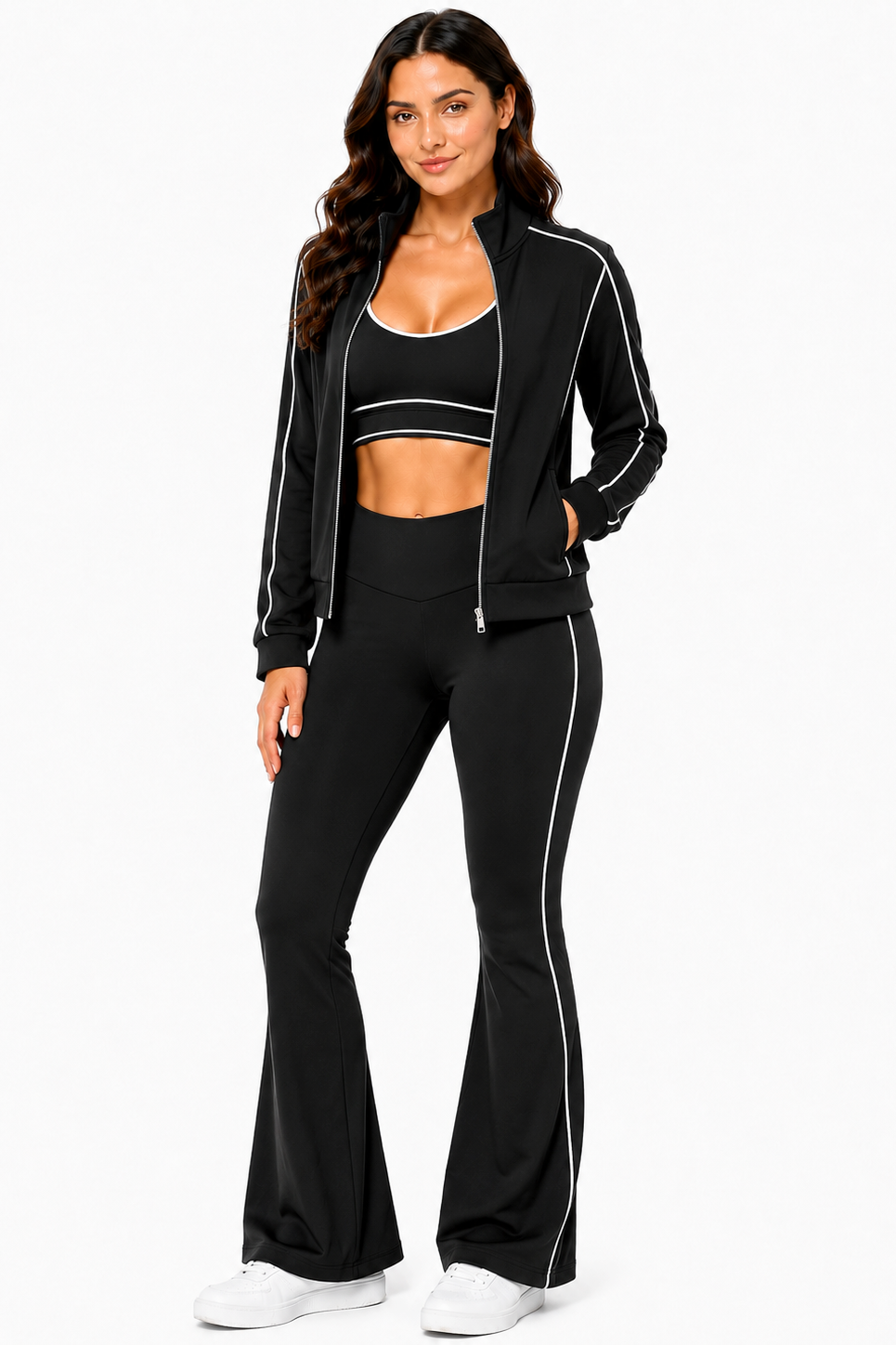 Activewear 3pcs set w/sports bra and jacket and flare pants: Black