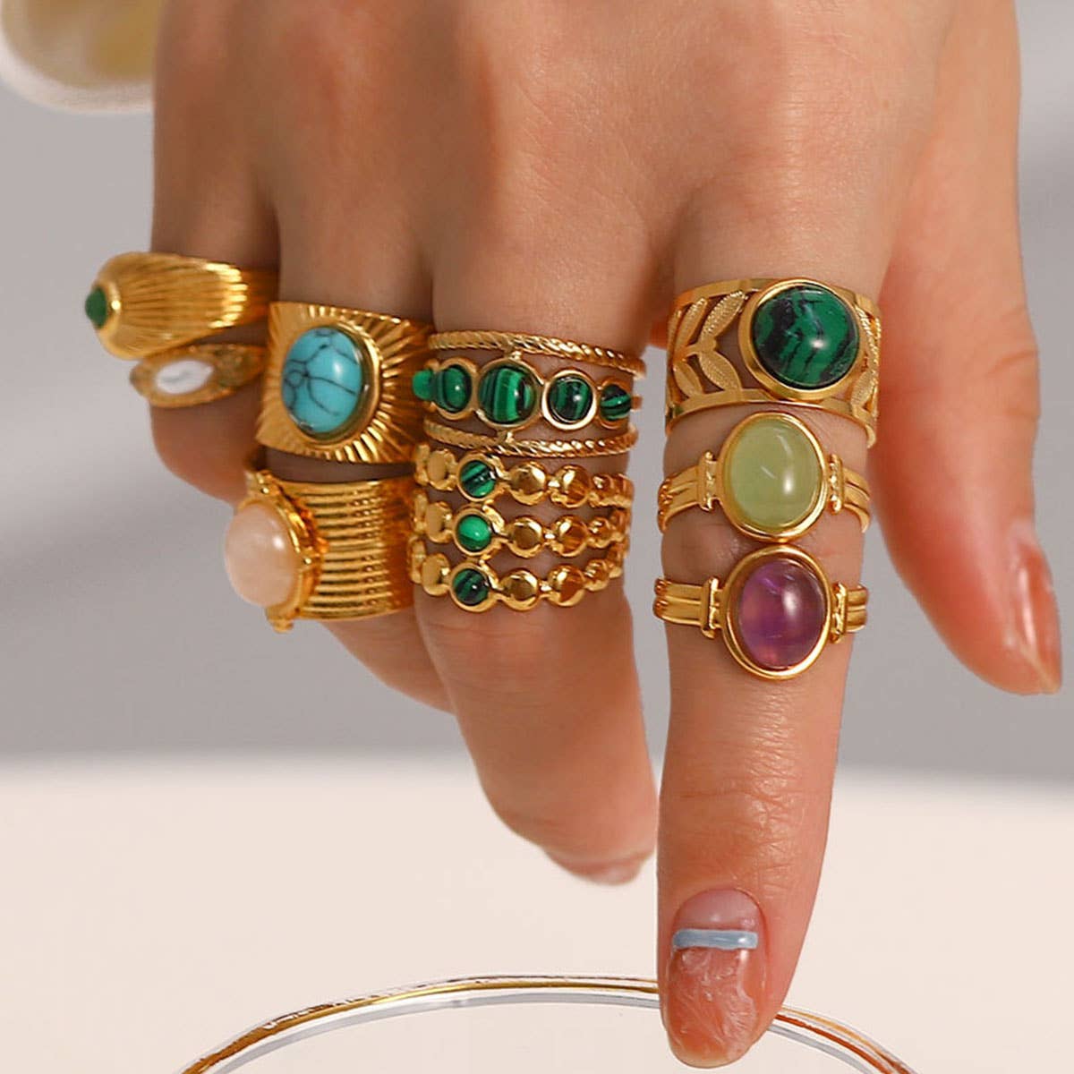 GOLD STAINLESS STEEL INLAID NATURAL STONE RINGS_CWAJE0611: TYPE1 / (OS) 3