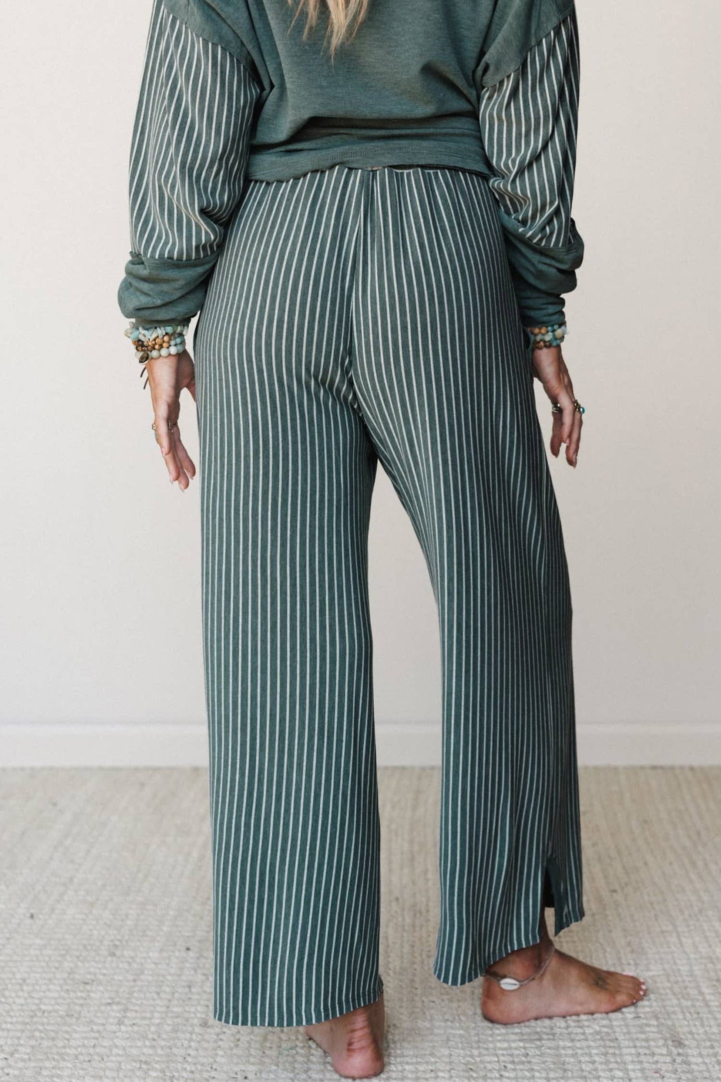 66 Striped Contrast High Waist Plus Size Pants Set (S-4X): Green / M