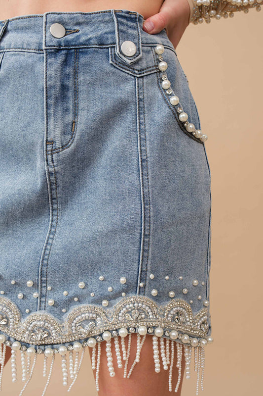 80038S - Stretch Denim Embellished Pearl Fringe Mini Skirt: MED WASH / L