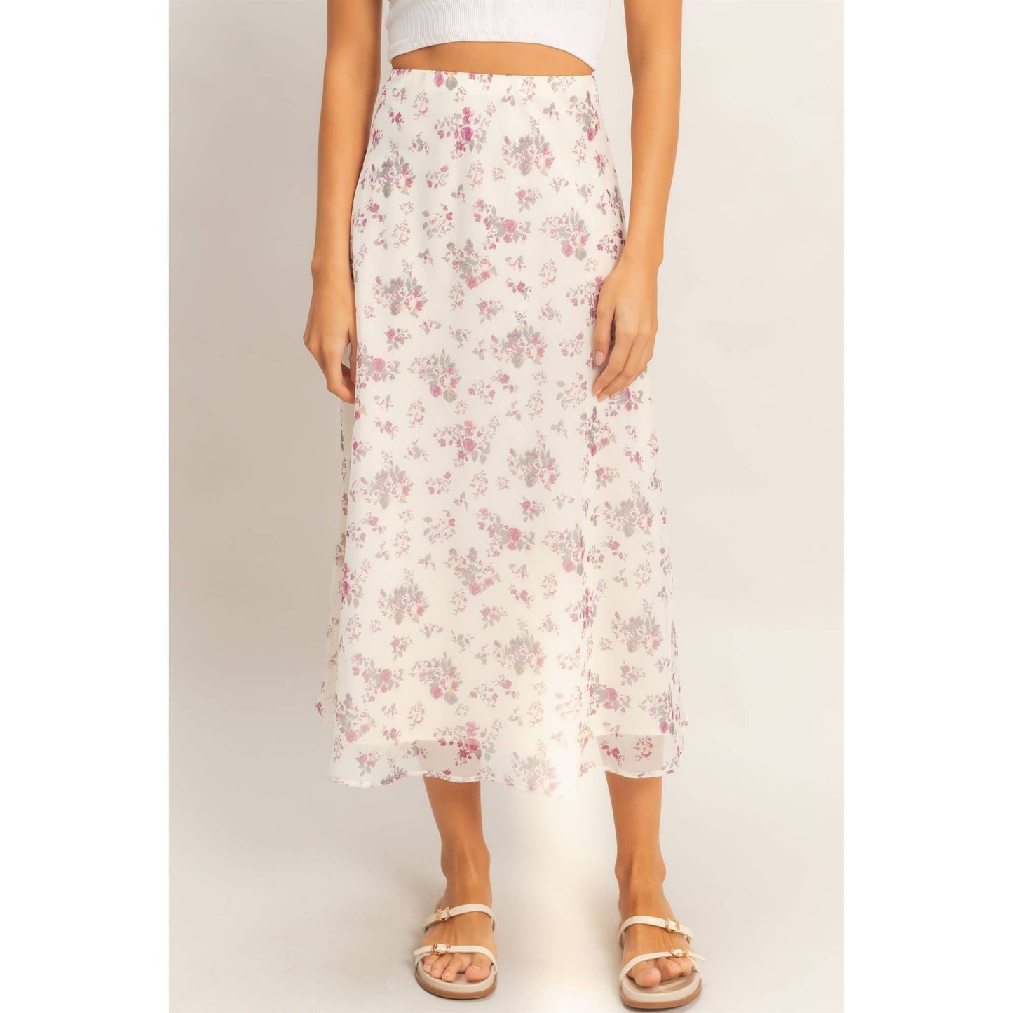 Floral Print Bias Skirt: BROWN / S-M-L(2-2-2)