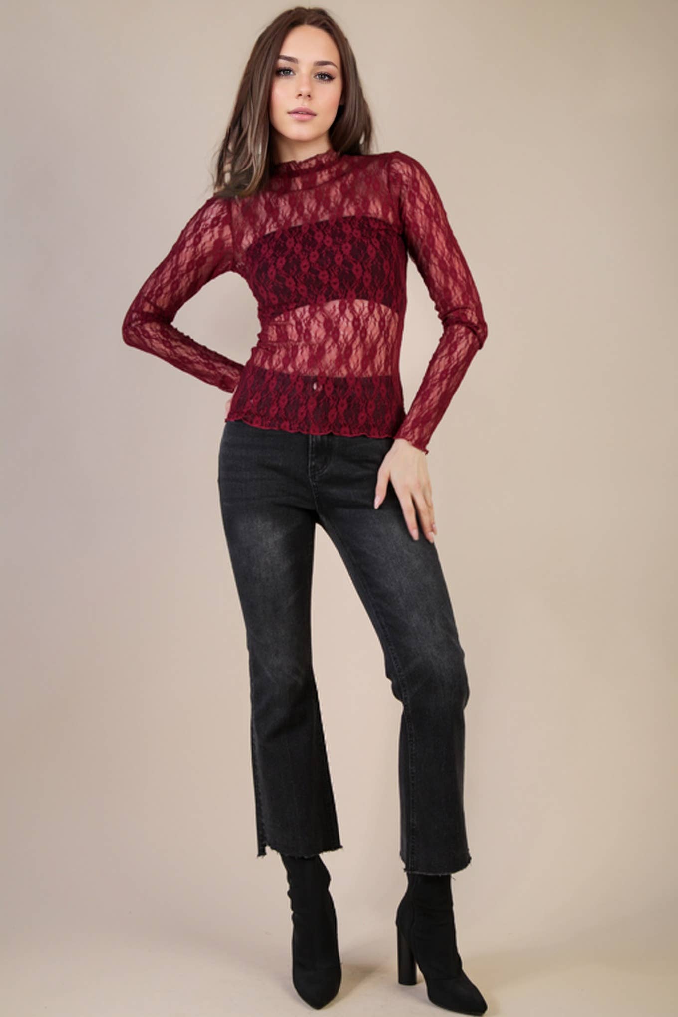 NT12220-High Neck Fitted Sheer Mesh Lace Knit Top: FOREST / S-M-L/2-2-2