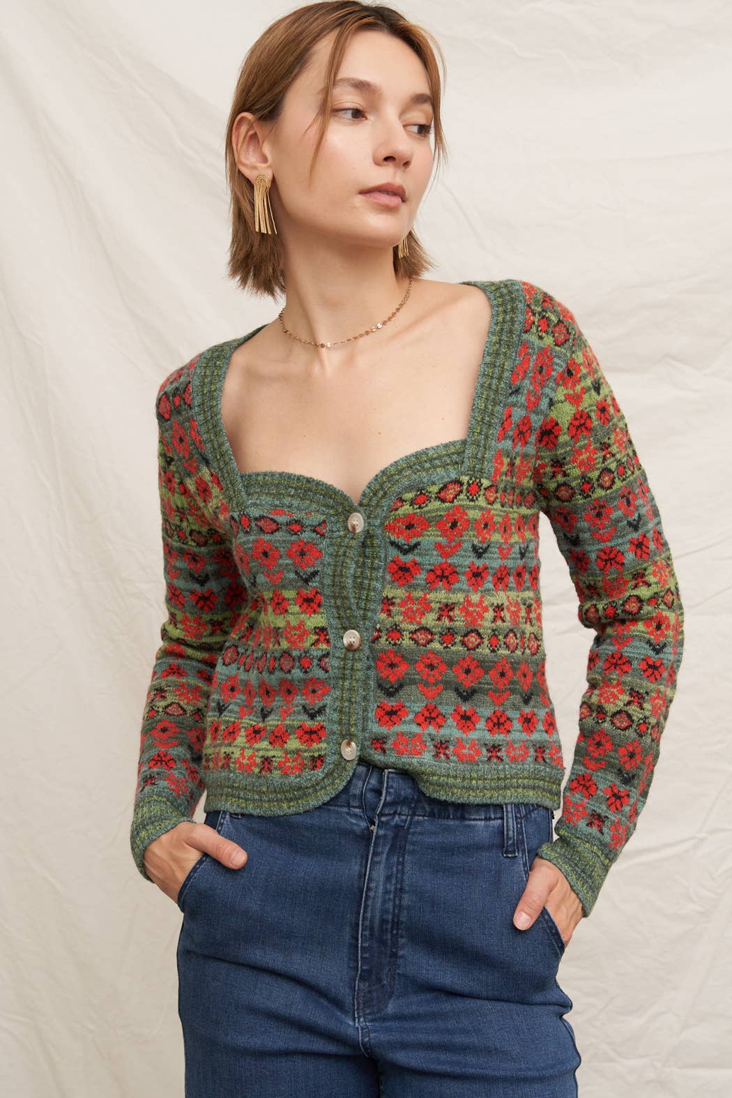 Floral Jacquard Sweetheart Neckline Sweater Cardigan: Green Multi / S