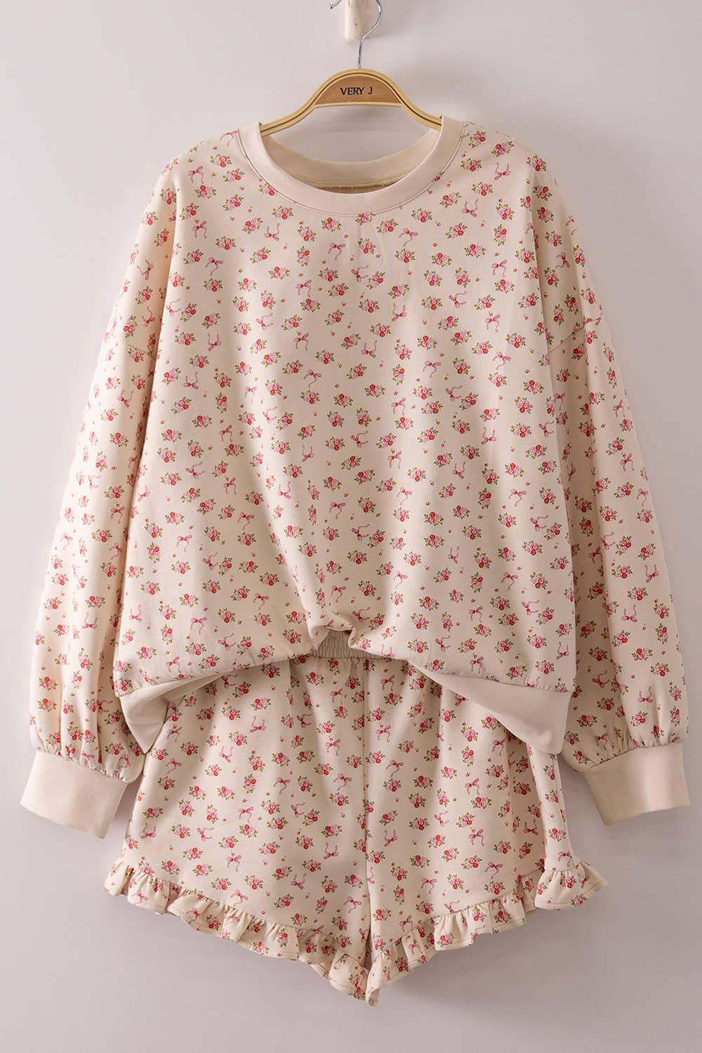 NT12635SET-Floral Printed Knit Comfy Top & Shorts Set: TAUPE FLORAL / S-M-L/2-2-2