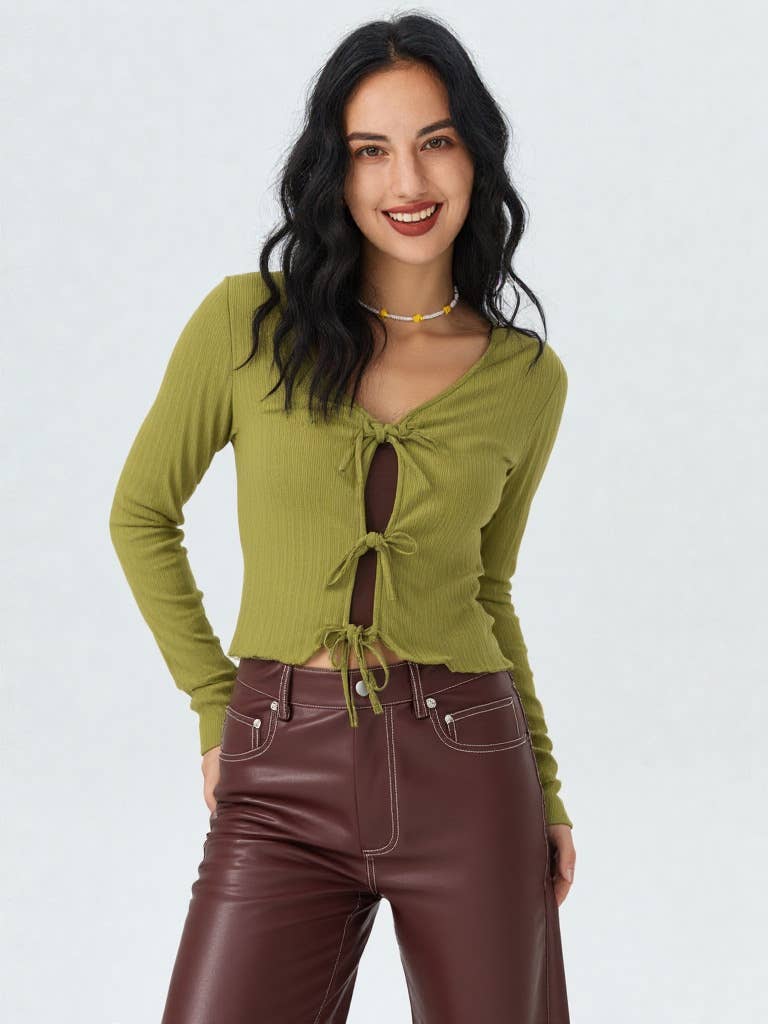 VT15148-3-Strap Tie V Neck Crop Top: AVOCADO / S-M-L/2-2-2