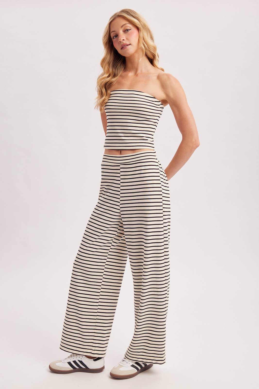 STRIPED KNIT TUBE AND WIDE PANTS SET: MOCHA COMBO / S