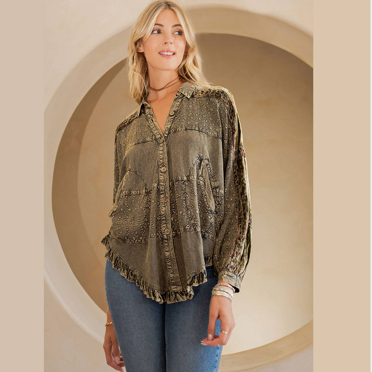 Bohemian Elegance: Stonewashed Rayon Top: Olive / REGULAR (S-M-L-XL-1-2-2-1)