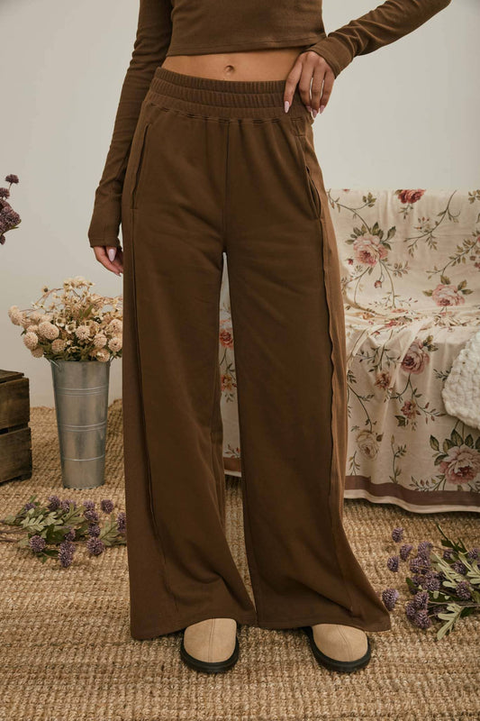 ELASTIC WAIST SIDE PANEL KNIT LOUNGE PANTS : BROWN