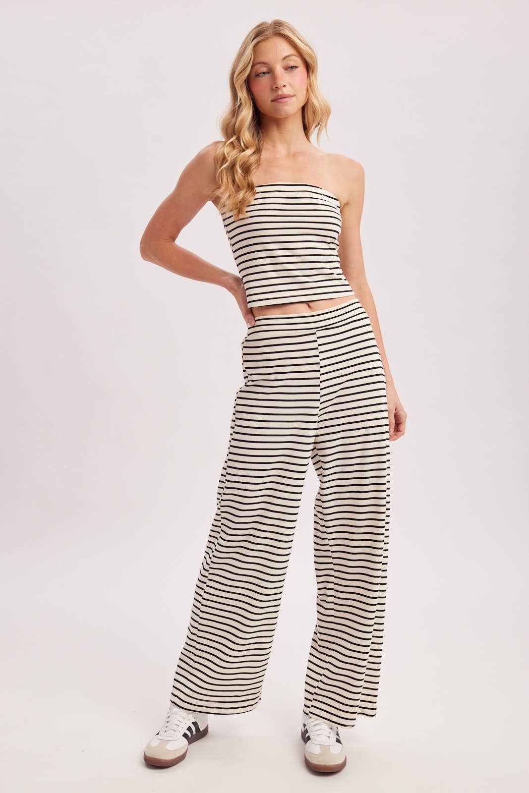 STRIPED KNIT TUBE AND WIDE PANTS SET: MOCHA COMBO / S