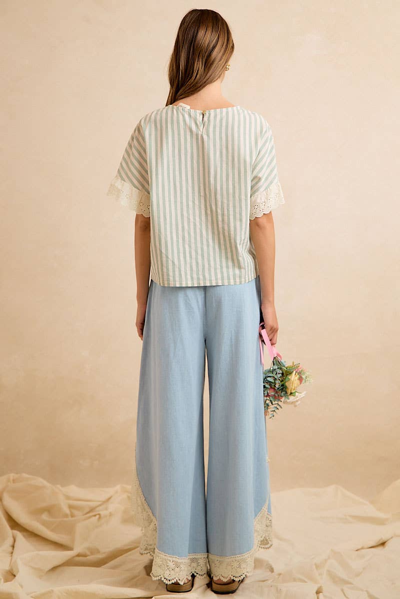 WIDE LEG CROCHET LACE WITH TULIP HEM JEANS: DENIM / XL