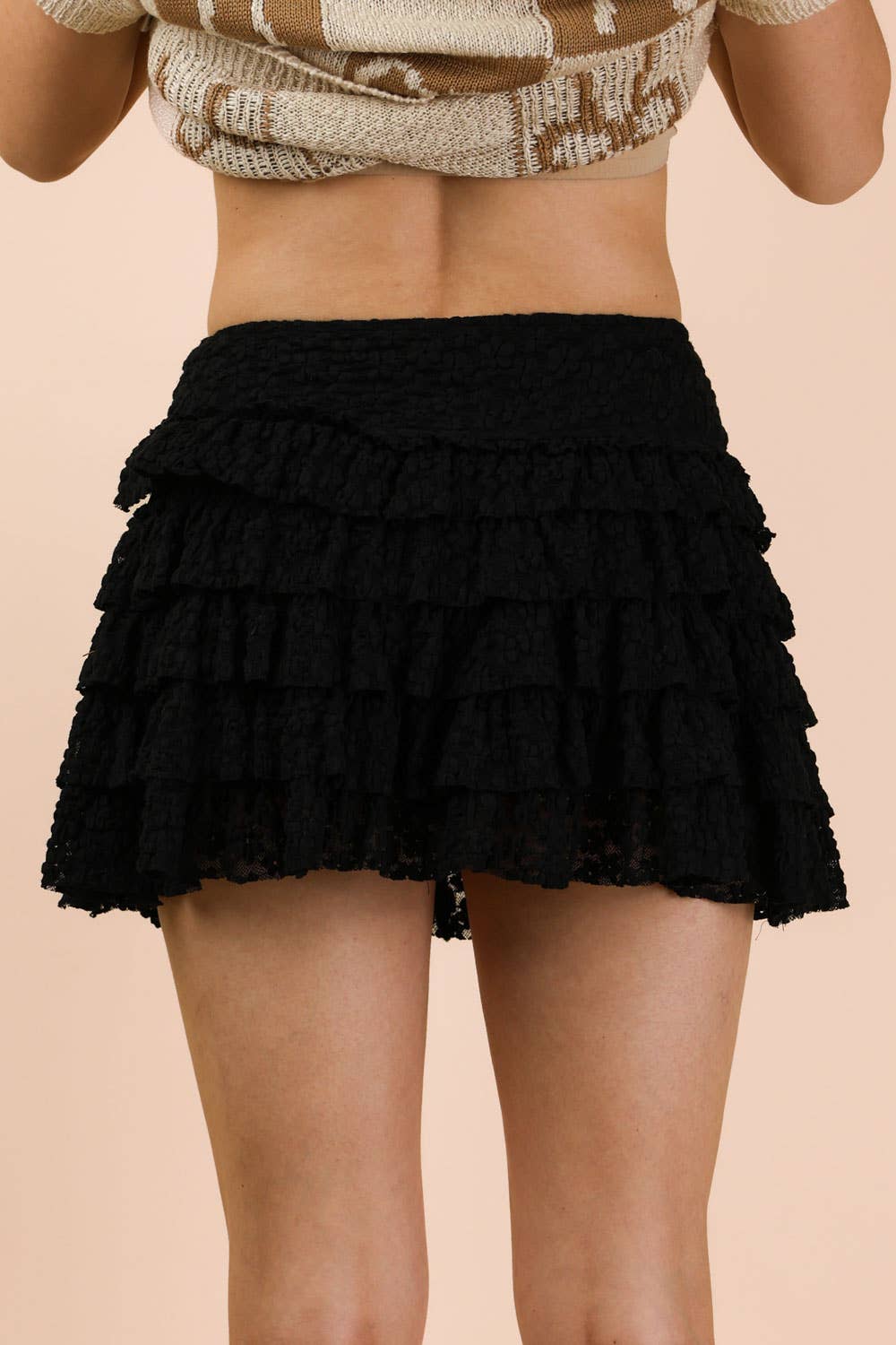 NS50190-Ruffle Layered Lace Mini Skirt W/ Inner Shorts: Black / S-M-L/2-2-2