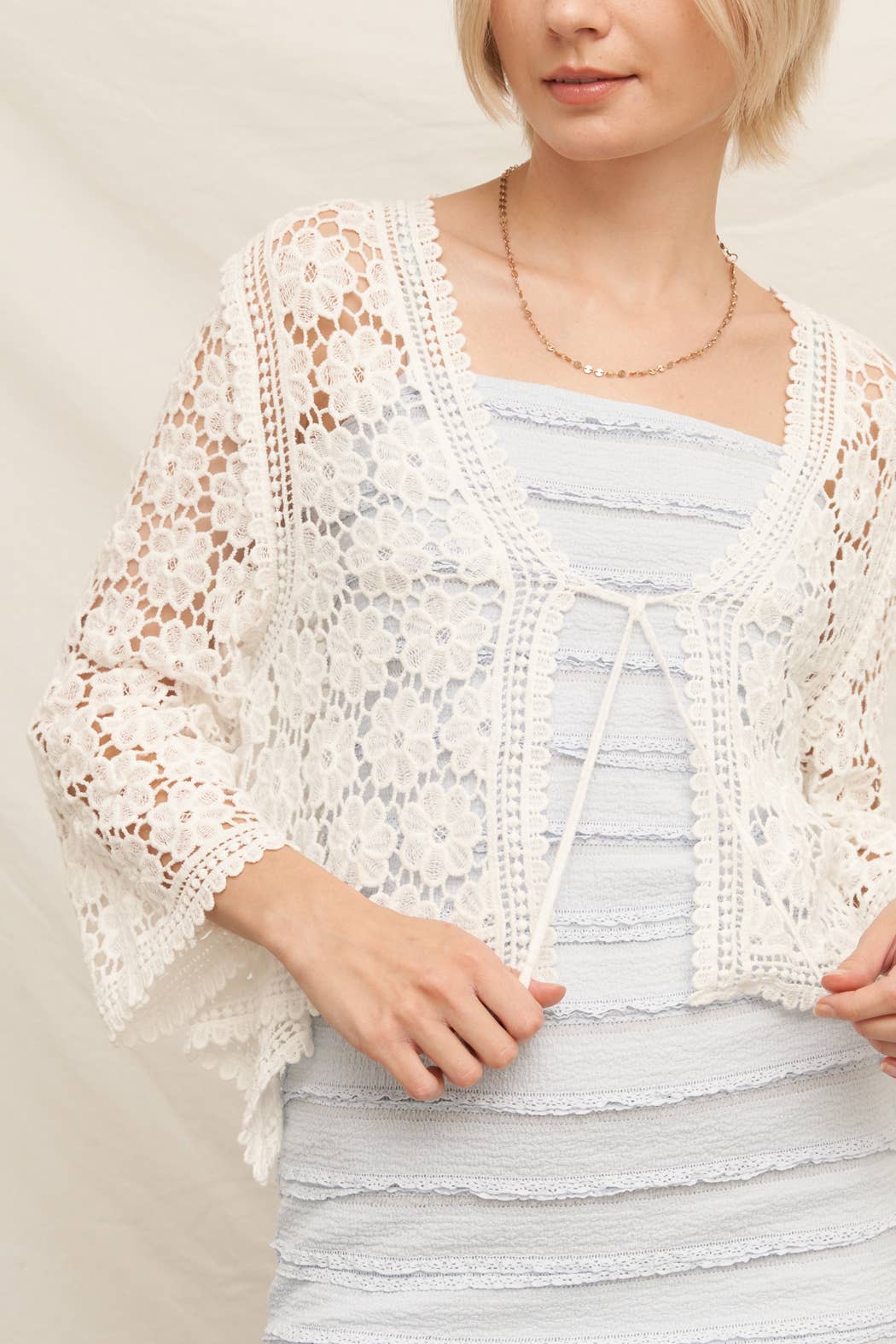 Floral Crochet Tie Front Cardigan: Natural / S/M