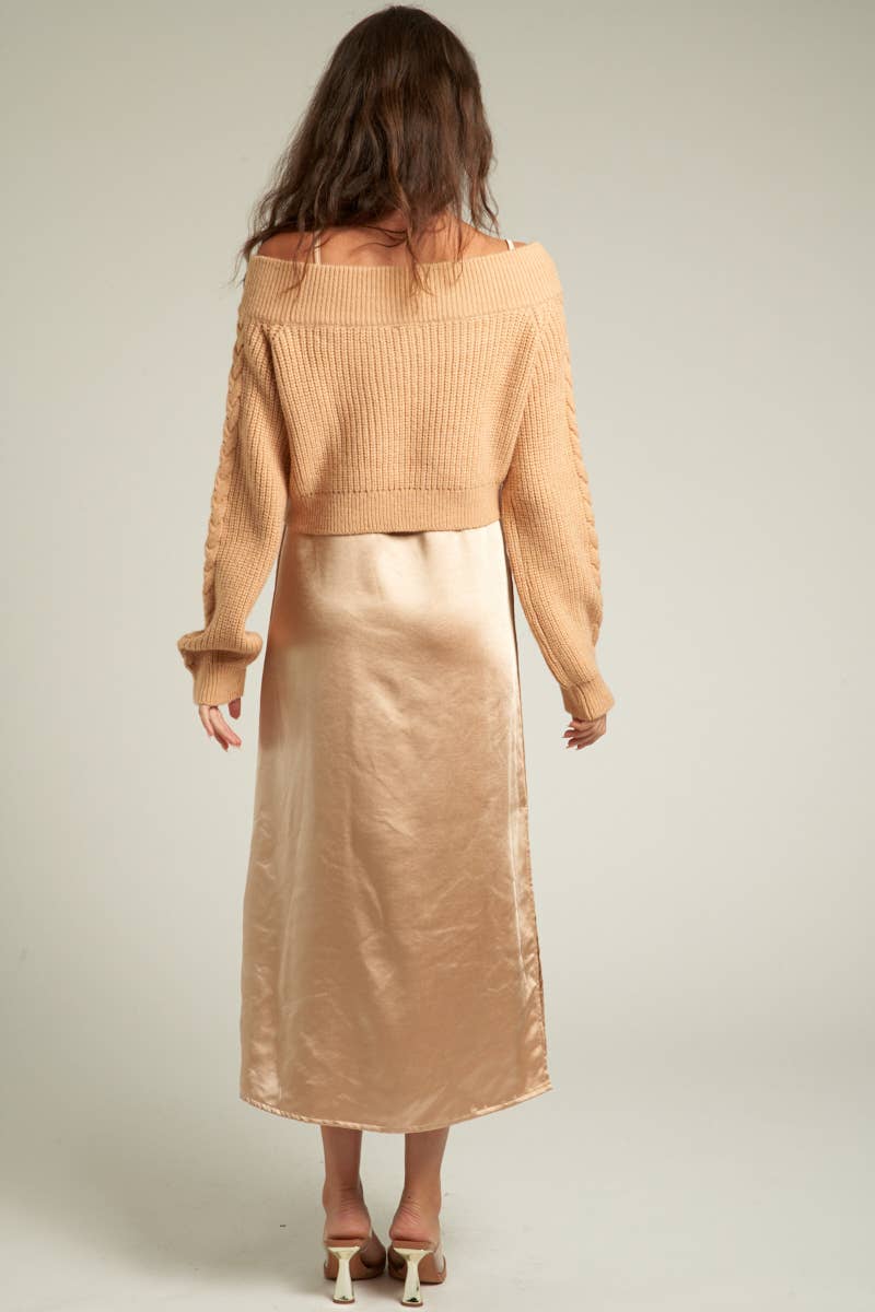 Satin Midi Dress & Sweater Set: Taupe / S