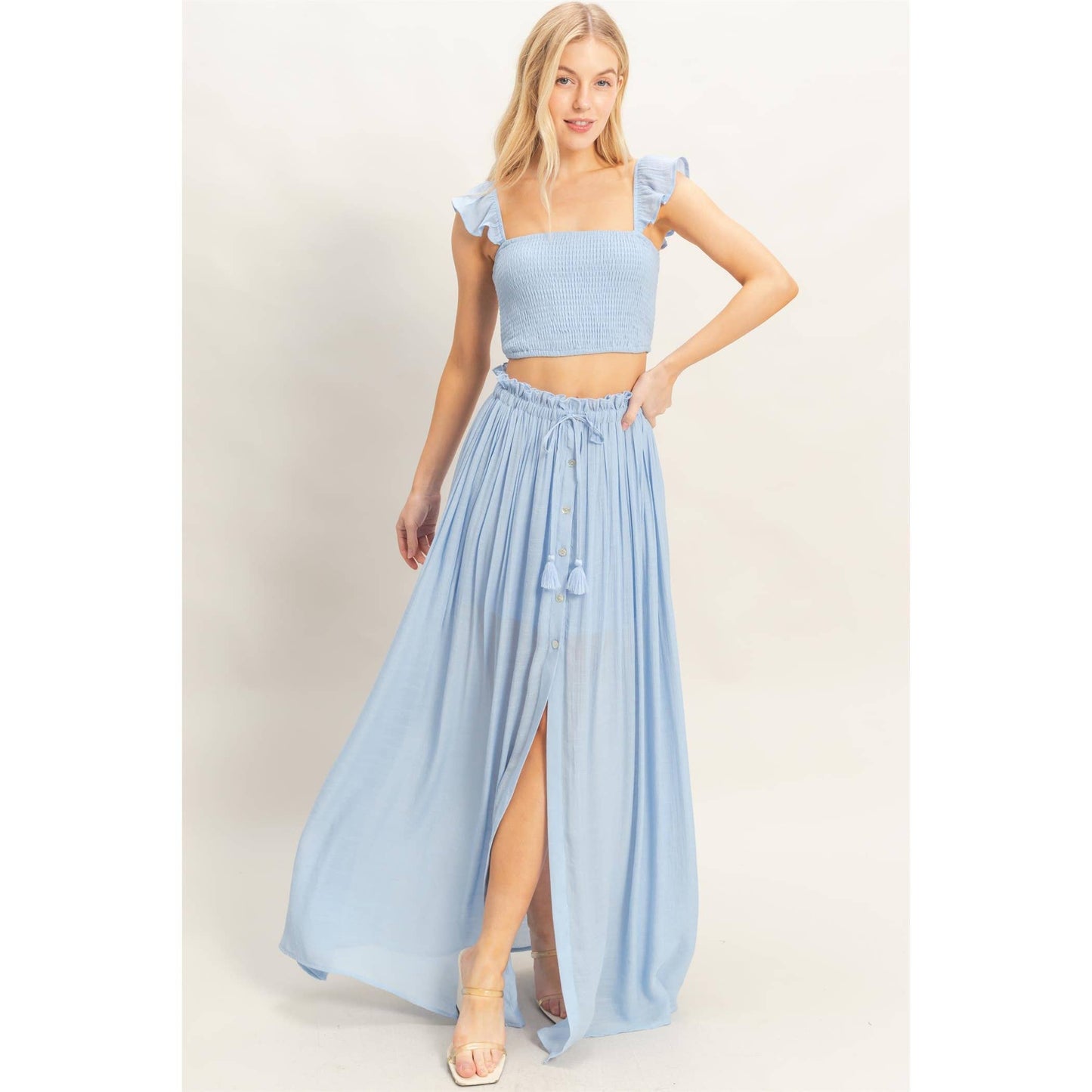 Smocked Top & Maxi Skirt Set: POWDER BLUE / S-M-L(2-2-2)