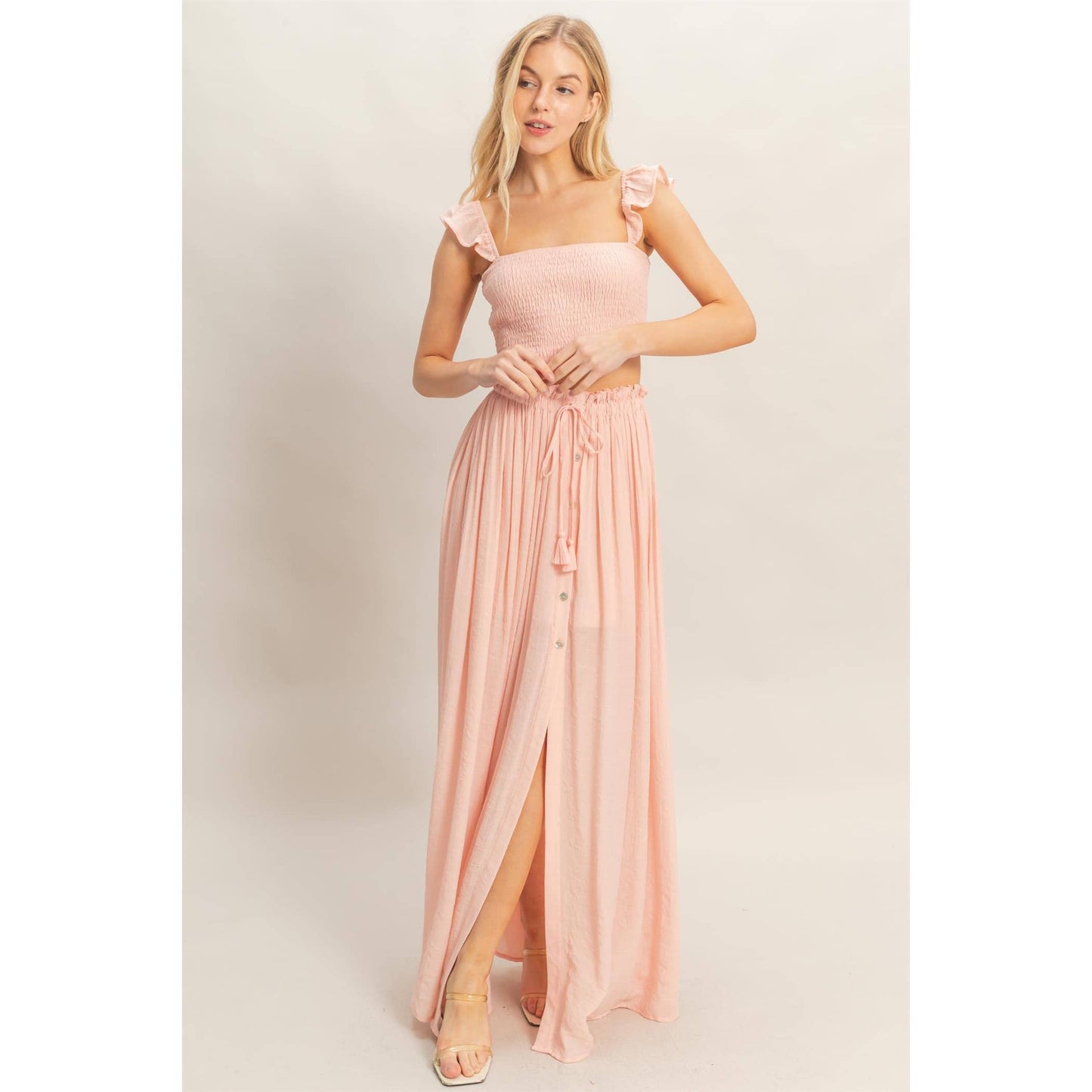 Smocked Top & Maxi Skirt Set: POWDER BLUE / S-M-L(2-2-2)