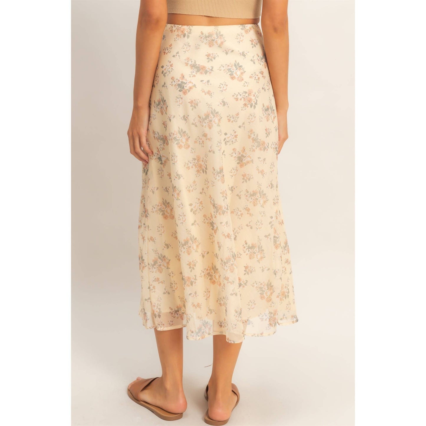 Floral Print Bias Skirt: BROWN / S-M-L(2-2-2)