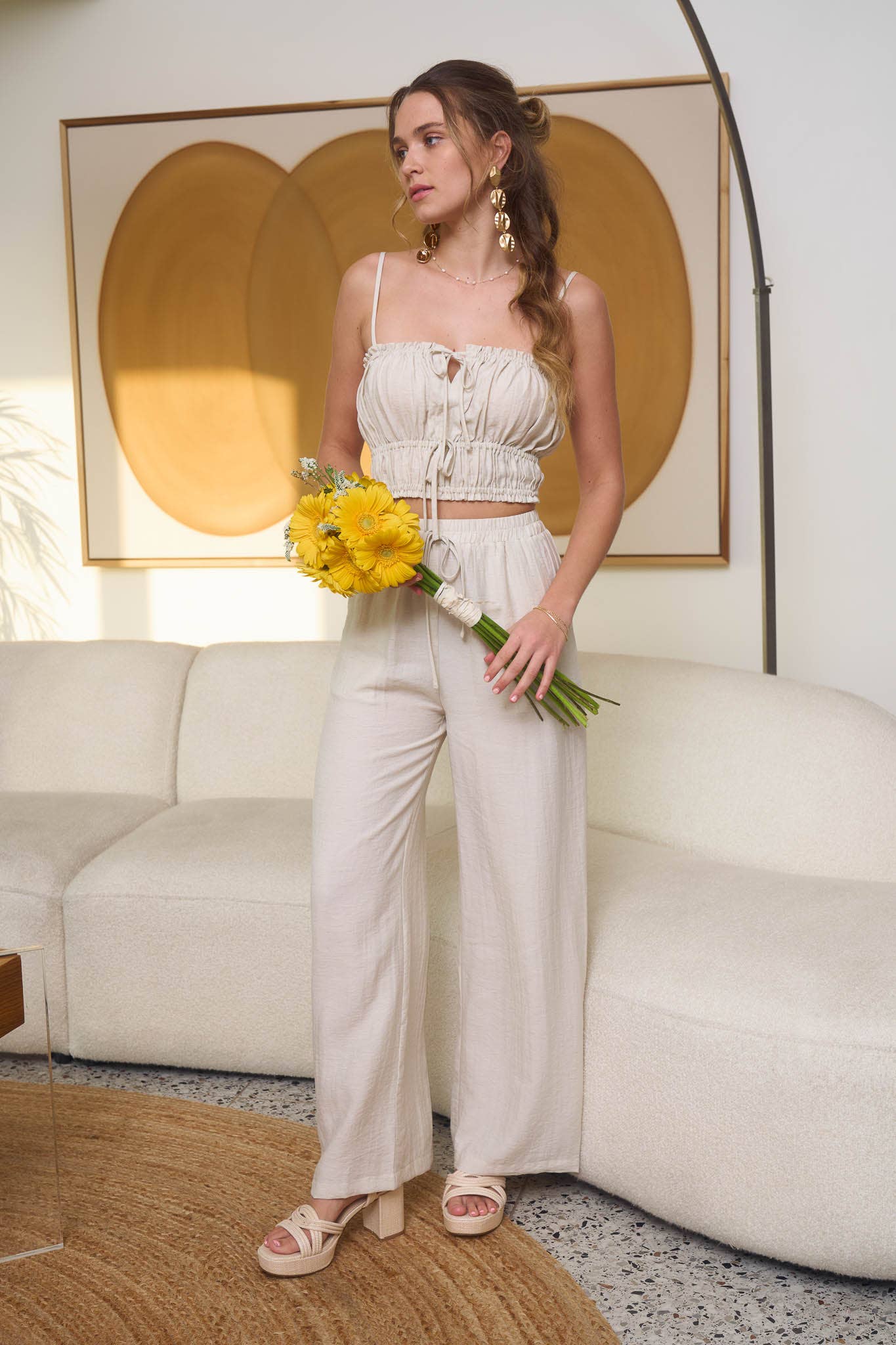 FRONT TIE CROPPED CAMI TOP AND WIDE LEG PANT SET: LIGHT YELLOW