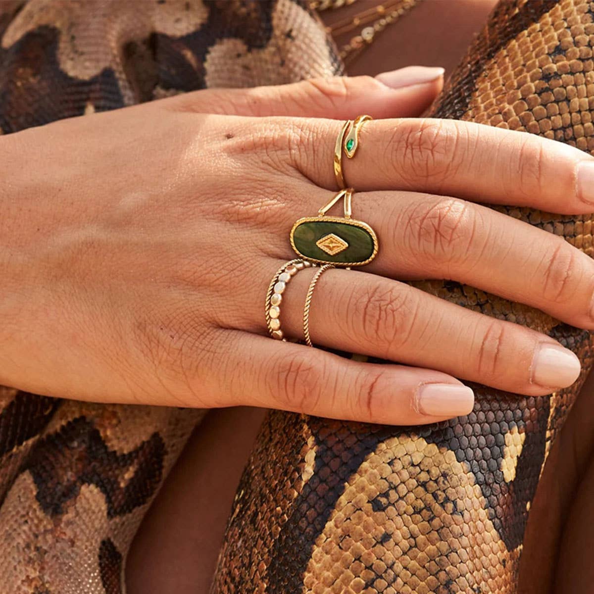 STAINLESS STEEL SNAKE NATURAL STONE RINGS_CWAJE0628: TYPE6 / (OS) 3