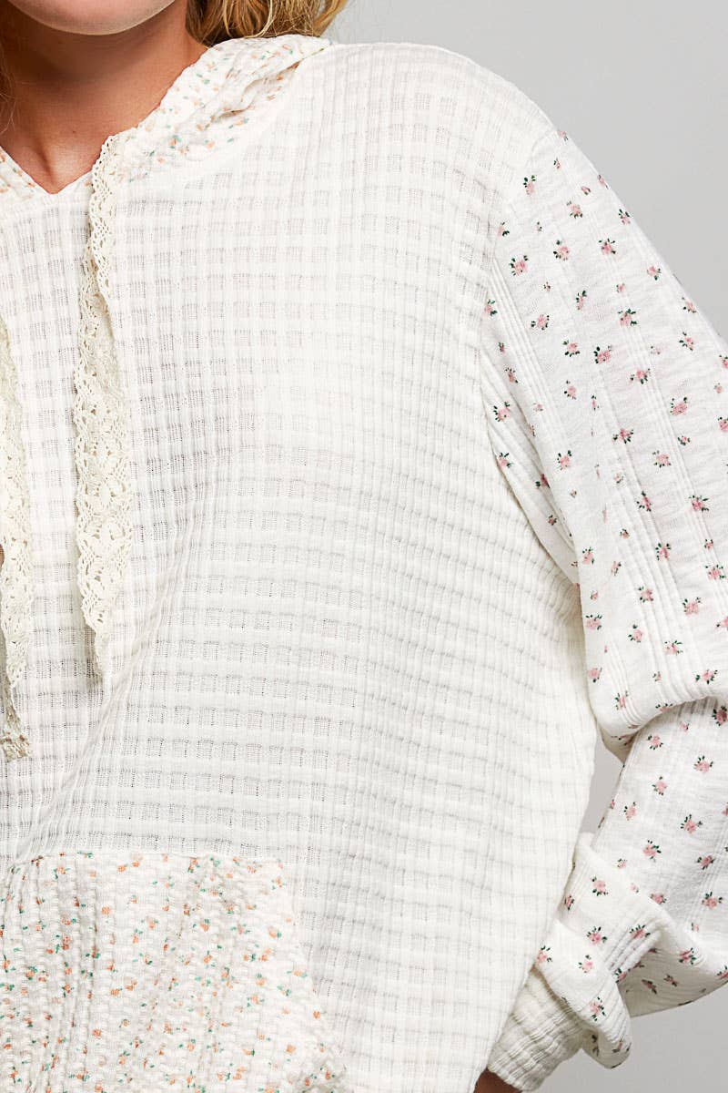 Kangaroo Pocket Mixed Knit Contrast Hooded Pullover SALE: NATURAL MULTI / L