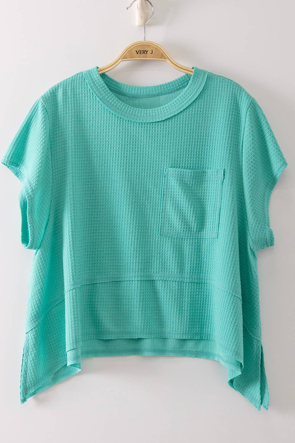 NT12641-Flared Hem Waffle Knit Casual Top: SEAFOAM / S-M-L/2-2-2