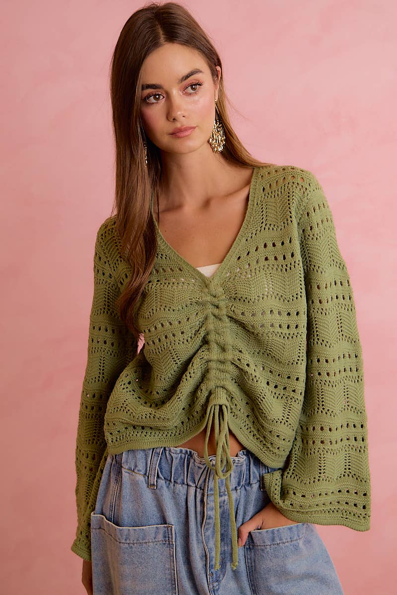 POINTELLE KNIT V NECK RUCHED FRONT LIGHTWEIGHT TOP: IVORY / L
