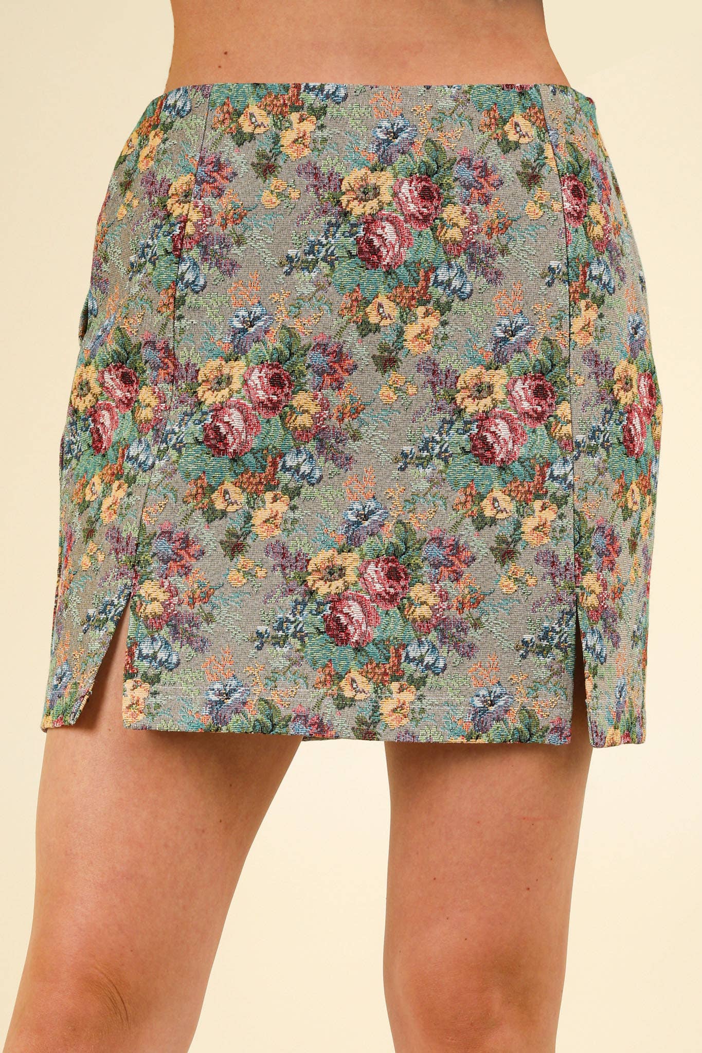 NS50105-Floral Jacquard Fabric Holiday Mini Skirt: BEIGE MIX / S-M-L/2-2-2
