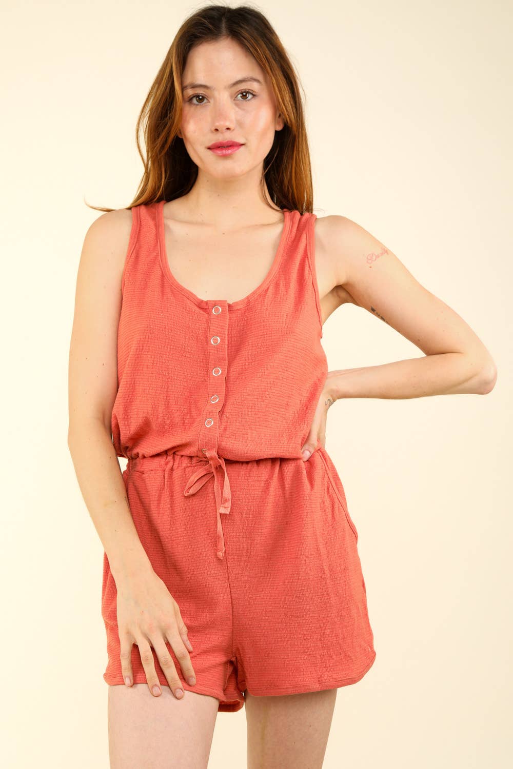 NP70002-Metal snap button down romper: MOCHA / S-M-L/2-2-2